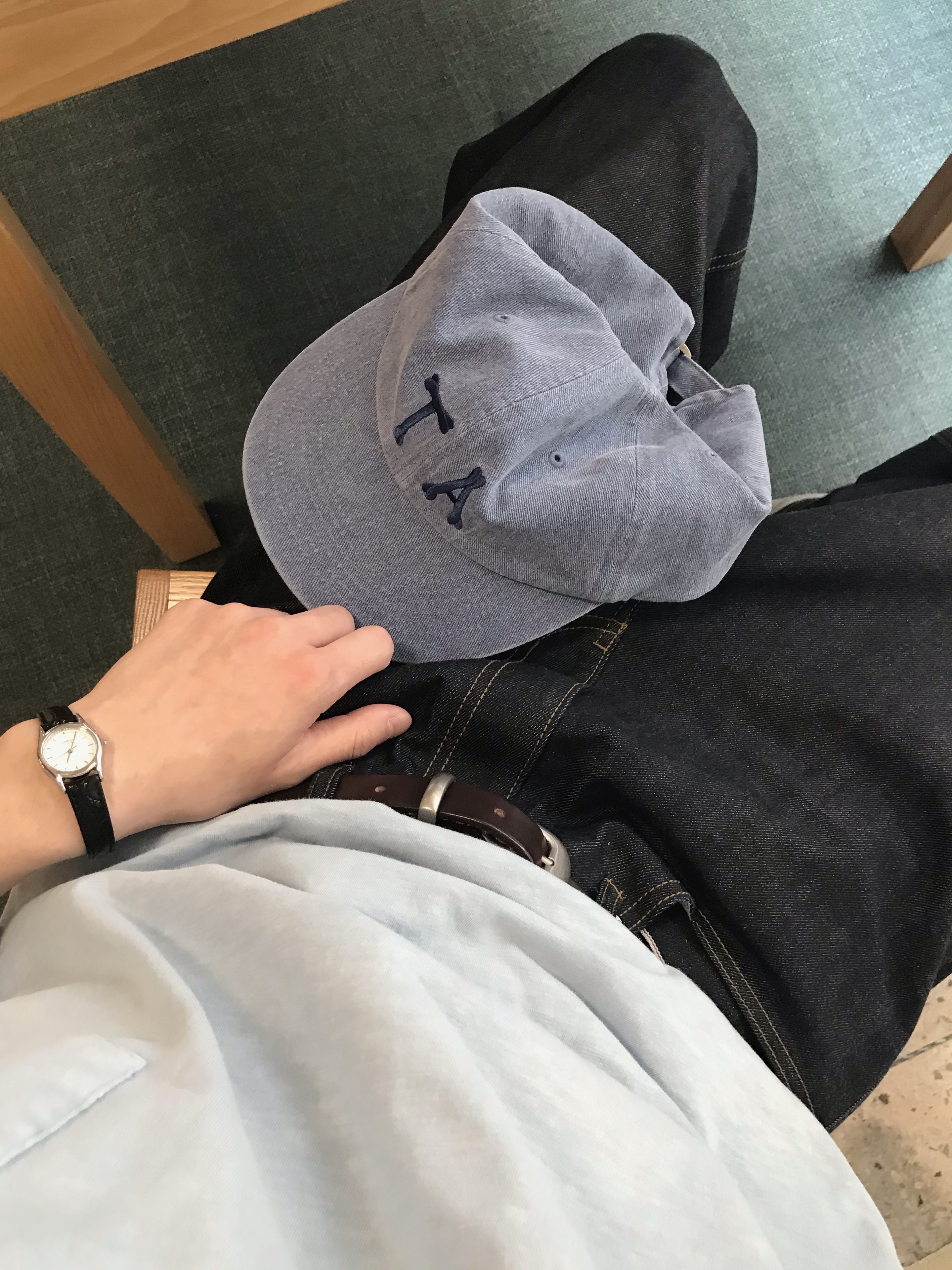 (M) SUNDAY CEREMONY Natural Dyed Basic Slub Tee - Ash Indigo, TAMIKA ZIP Bone Cap_Denim 착용 스타일 - 5