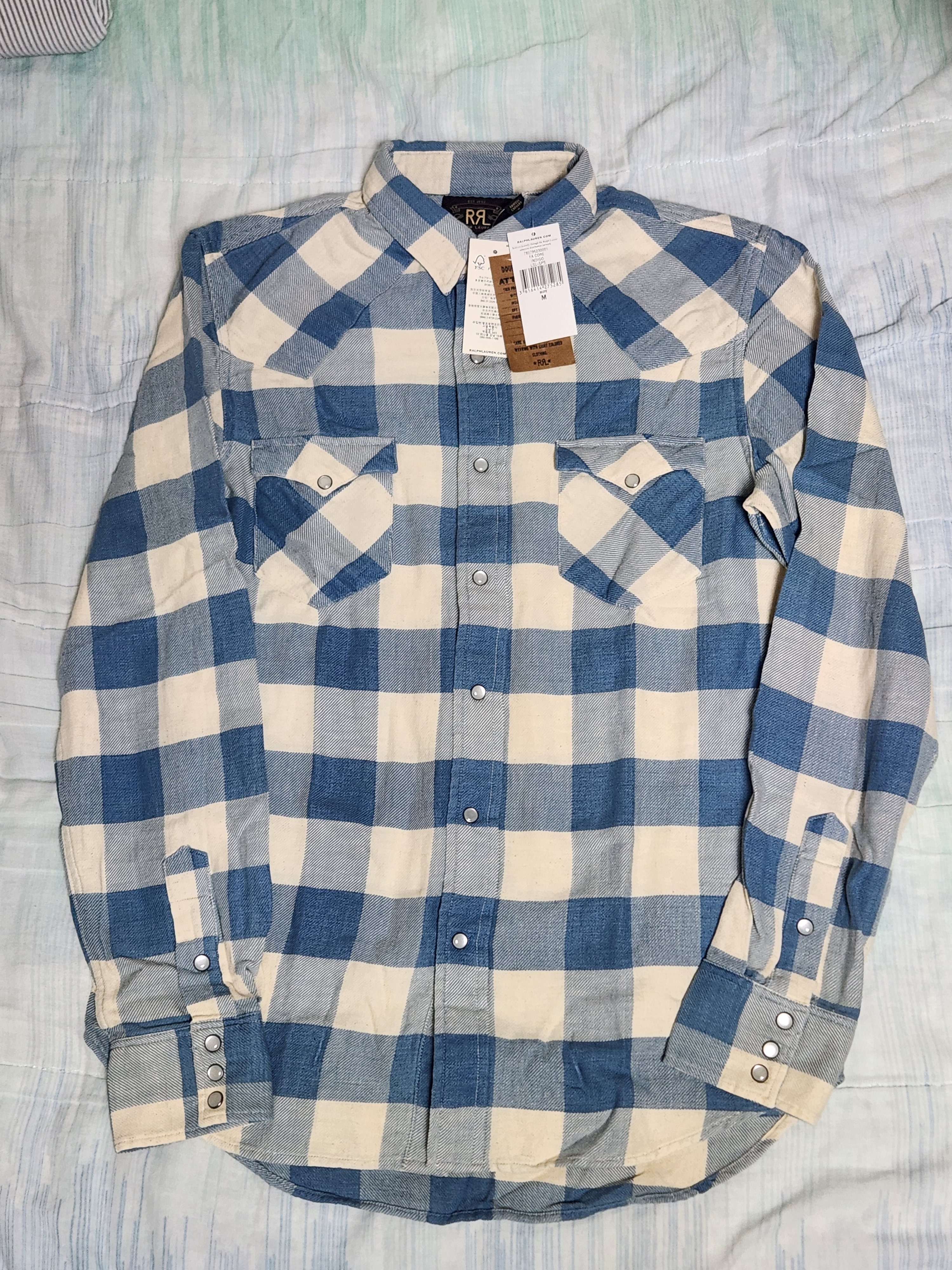 Double RL Slim Fit Plaid Twill Western Shirt Indigo Cream 착용 스타일