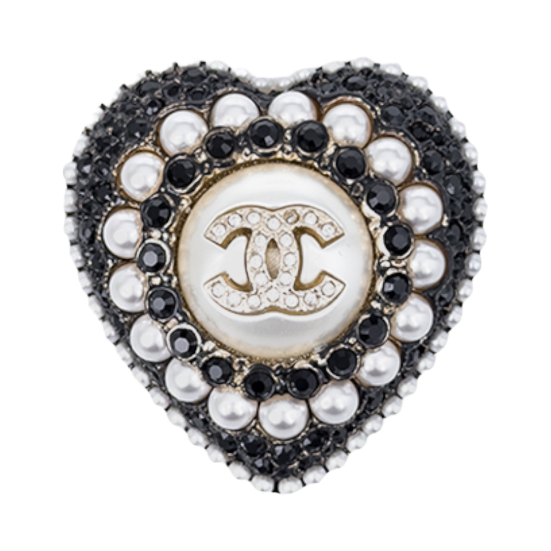 ITCPEIQRAH38 Chanel 22B Strass CC Logo Heart Brooch Black & Pearly White