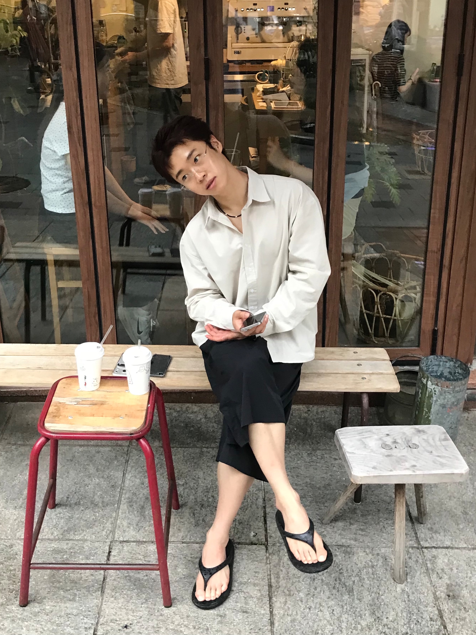 [KREAM 단독] Hangle Blue Light Silver Titan Square Rimless 착용 스타일 - 4