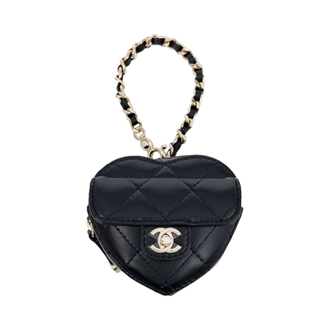 IT9K6H3AAKAD Chanel Heart Keyring Pouch in Black Champagne Gold Lambskin
