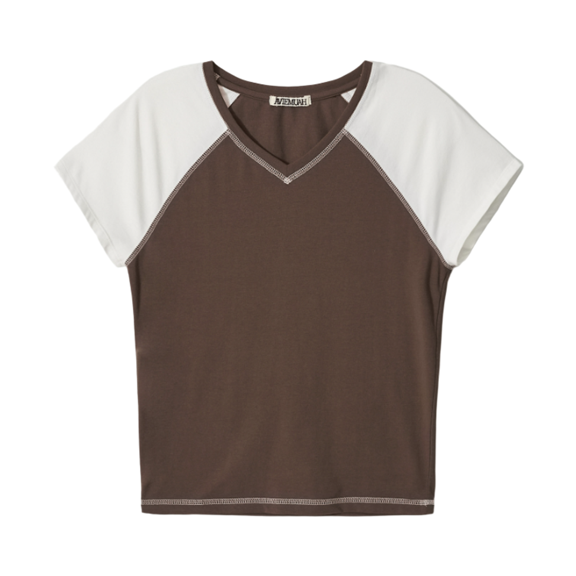 (W) 아비에무아 포인트 스티치 브이넥 래글런 티셔츠 브라운((W) Aviemuah Point Stitch V-Neck Raglan T-Shirt Brown)