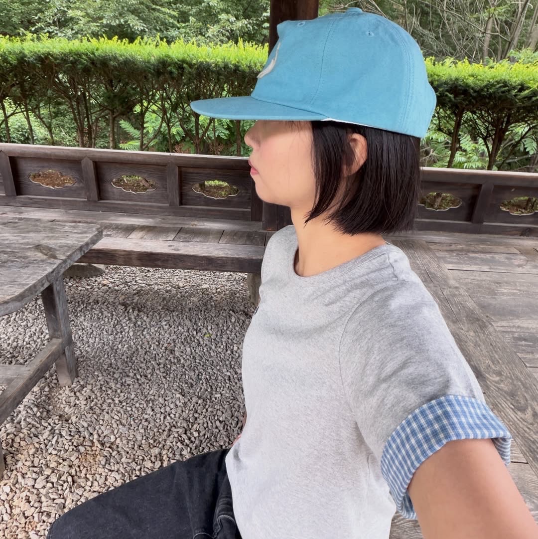 SLOW RECORD HOUSE Layered Check Roll-Up T-Shirt Grey 착용 스타일 - 2