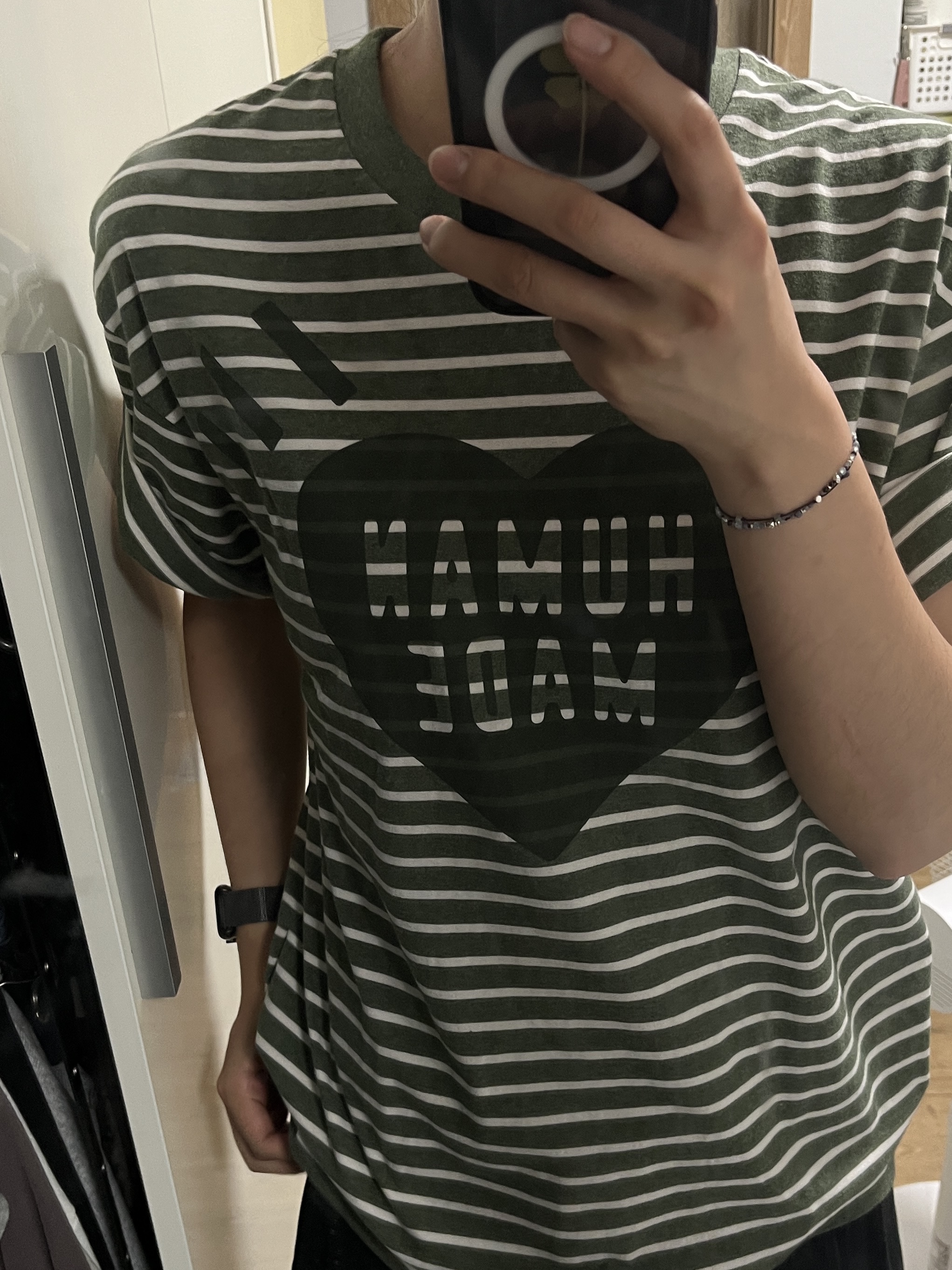 Human Made Heart Striped T-Shirt Olive Drab 착용 스타일