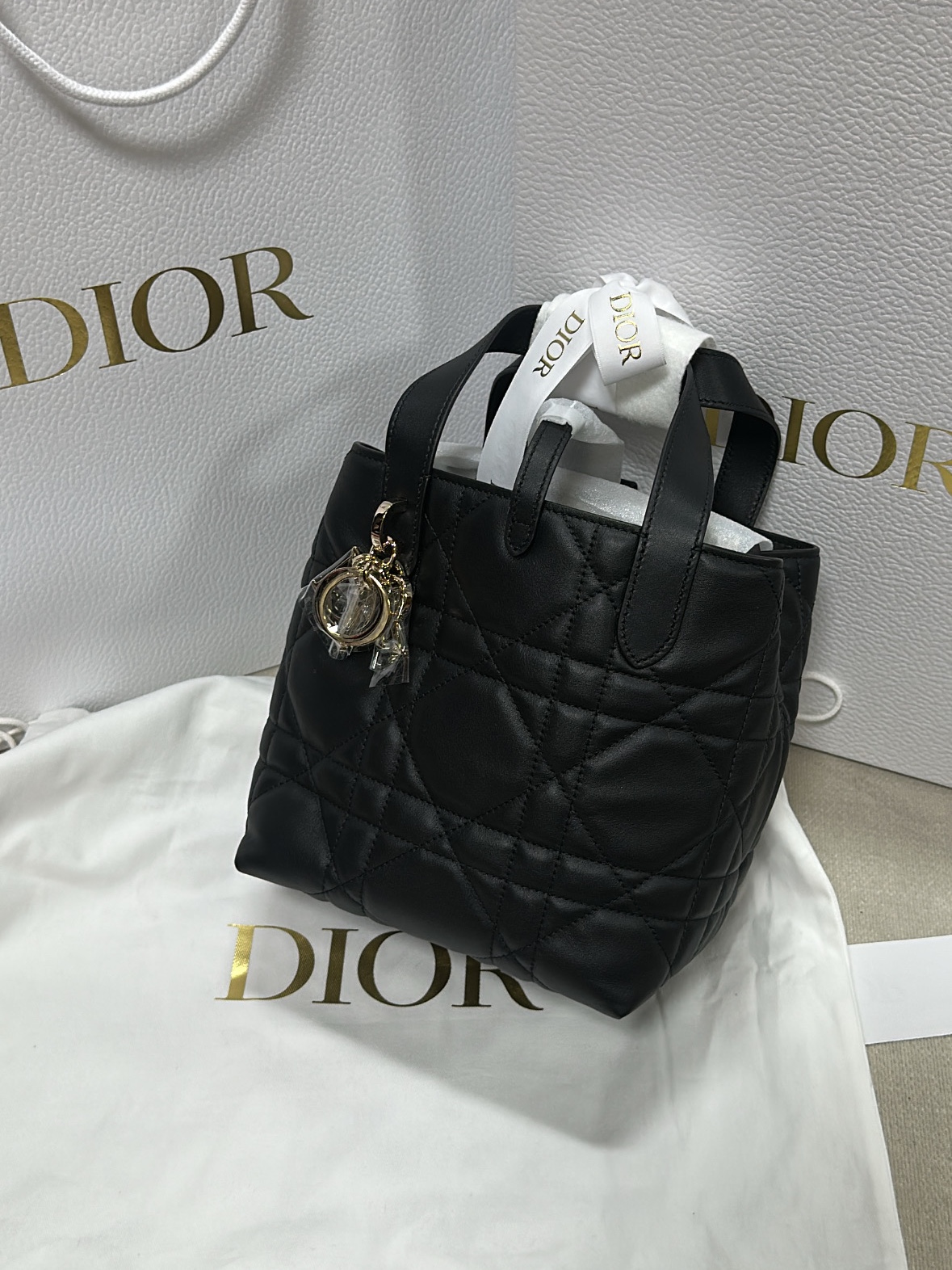 Dior Small Toujours Vertical Tote Bag Macrocannage Calfskin Black 착용 스타일 - 1