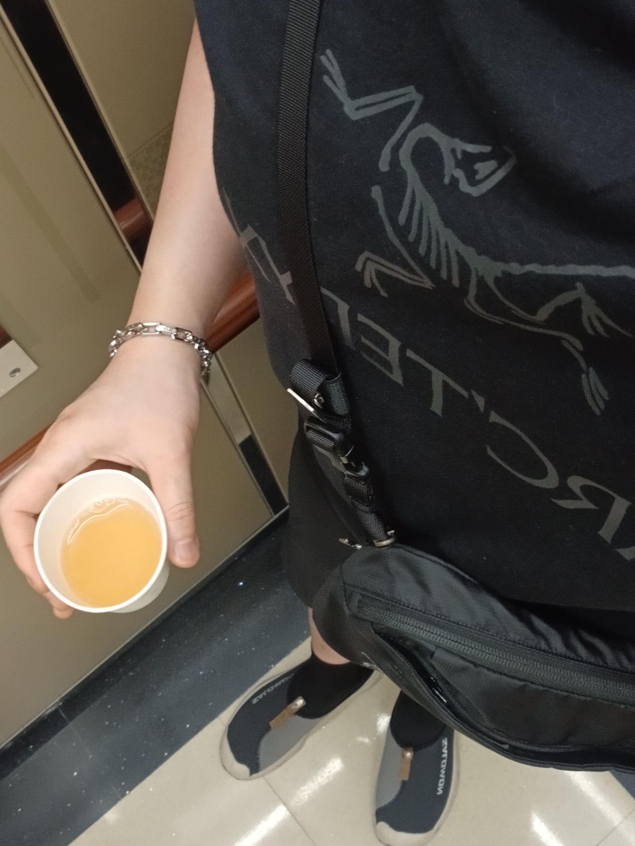 Arc'teryx Arc'word Logo SS T-Shirt Black, Arc'teryx Rampart Shorts 9 Inch Black 착용 스타일 - 1