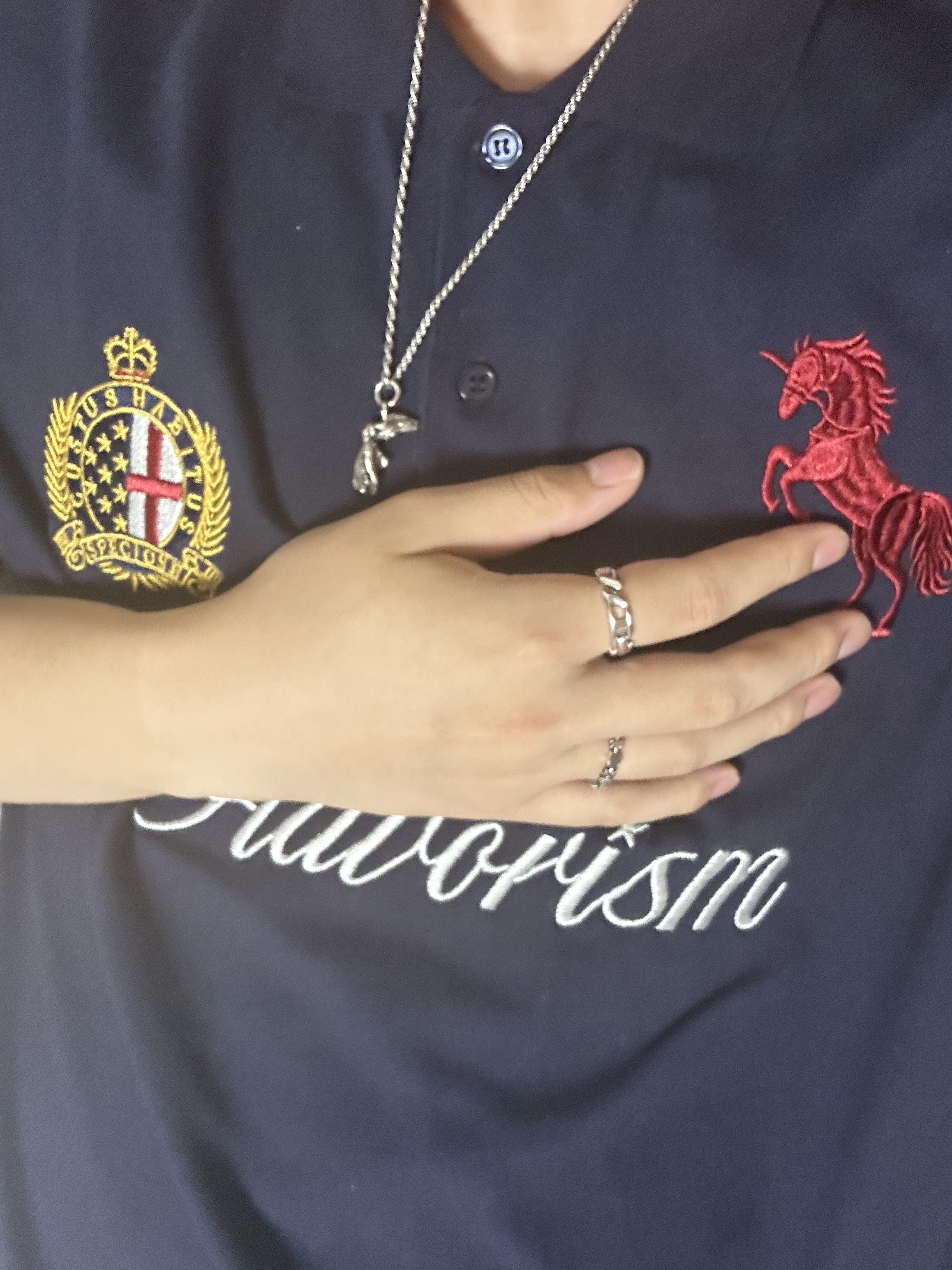 Flavorism Red Horse Pique Shirt Navy 착용 스타일 - 1