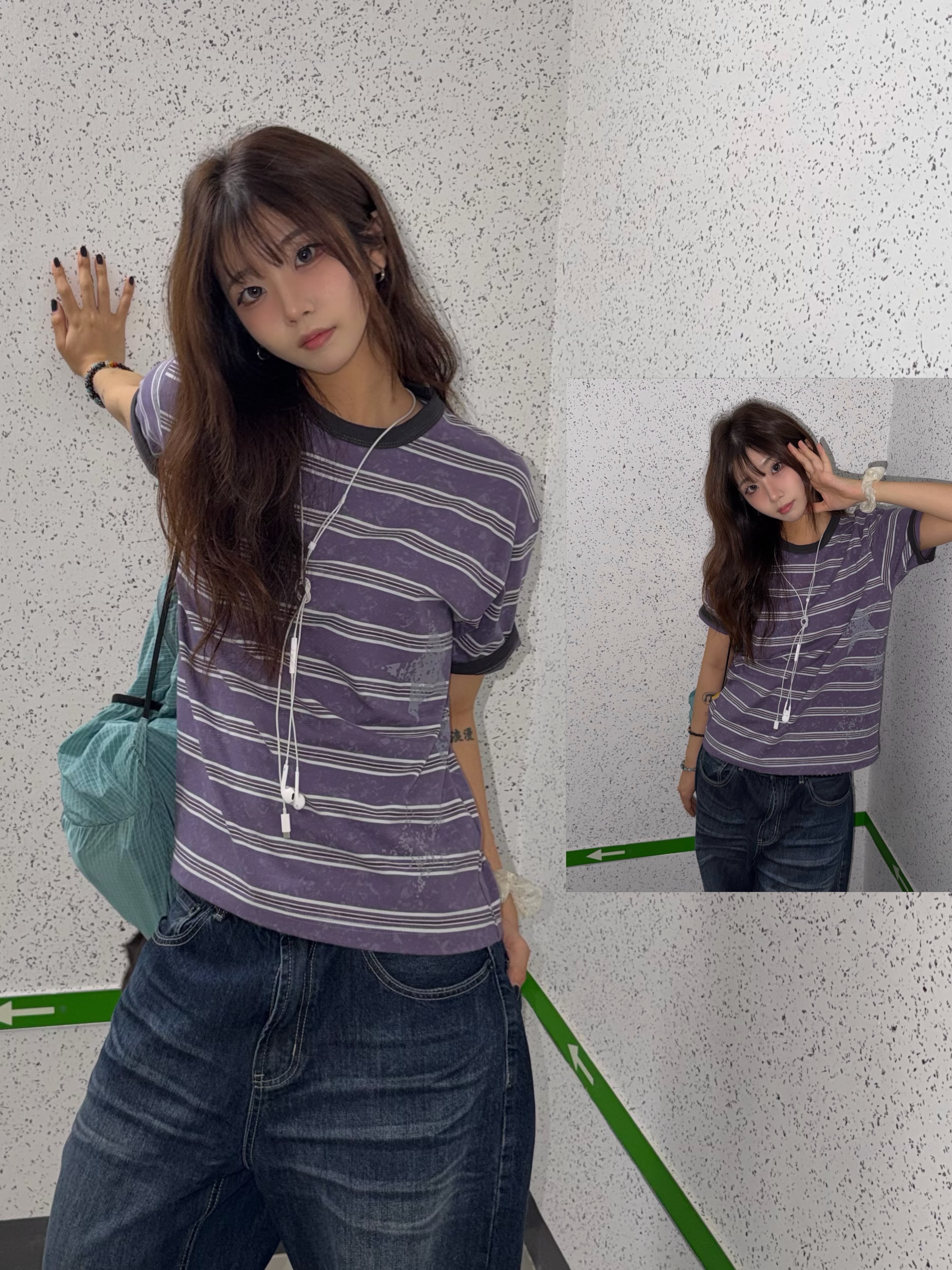 MAINBOOTH Rough Star Stripe T-shirt Purple 착용 스타일 - 3