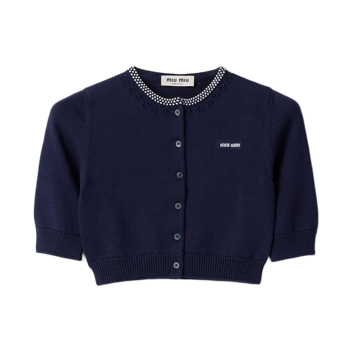 (W) 미우 미우 코튼 크롭 가디건 블루 화이트((W) Miu Miu Cotton Crop Cardigan Blue White)