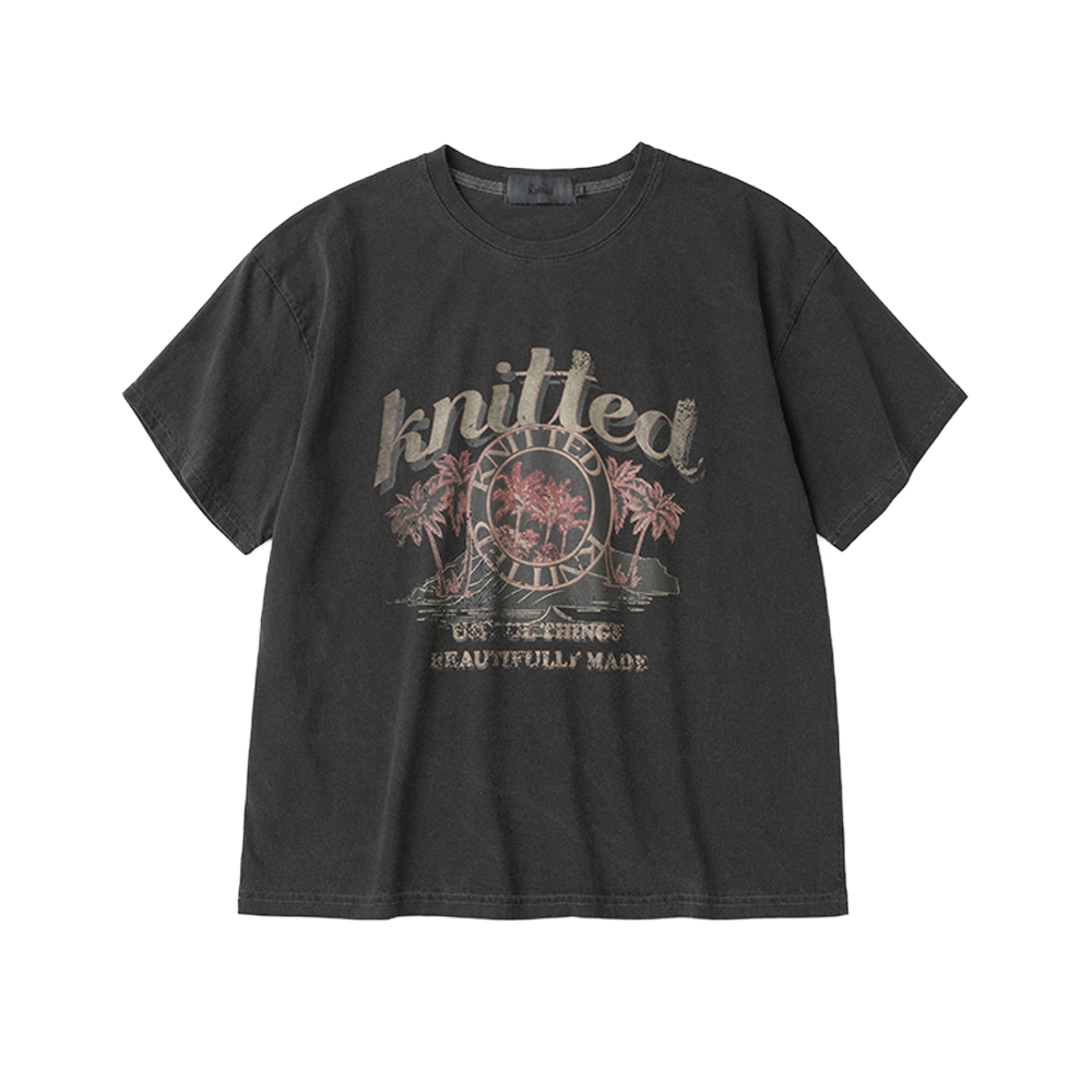 니티드 피그먼트 팜트리 그래픽 티셔츠 크롭 차콜(Knitted Pigment Palm Tree Graphic T-Shirt Crop Charcoal)
