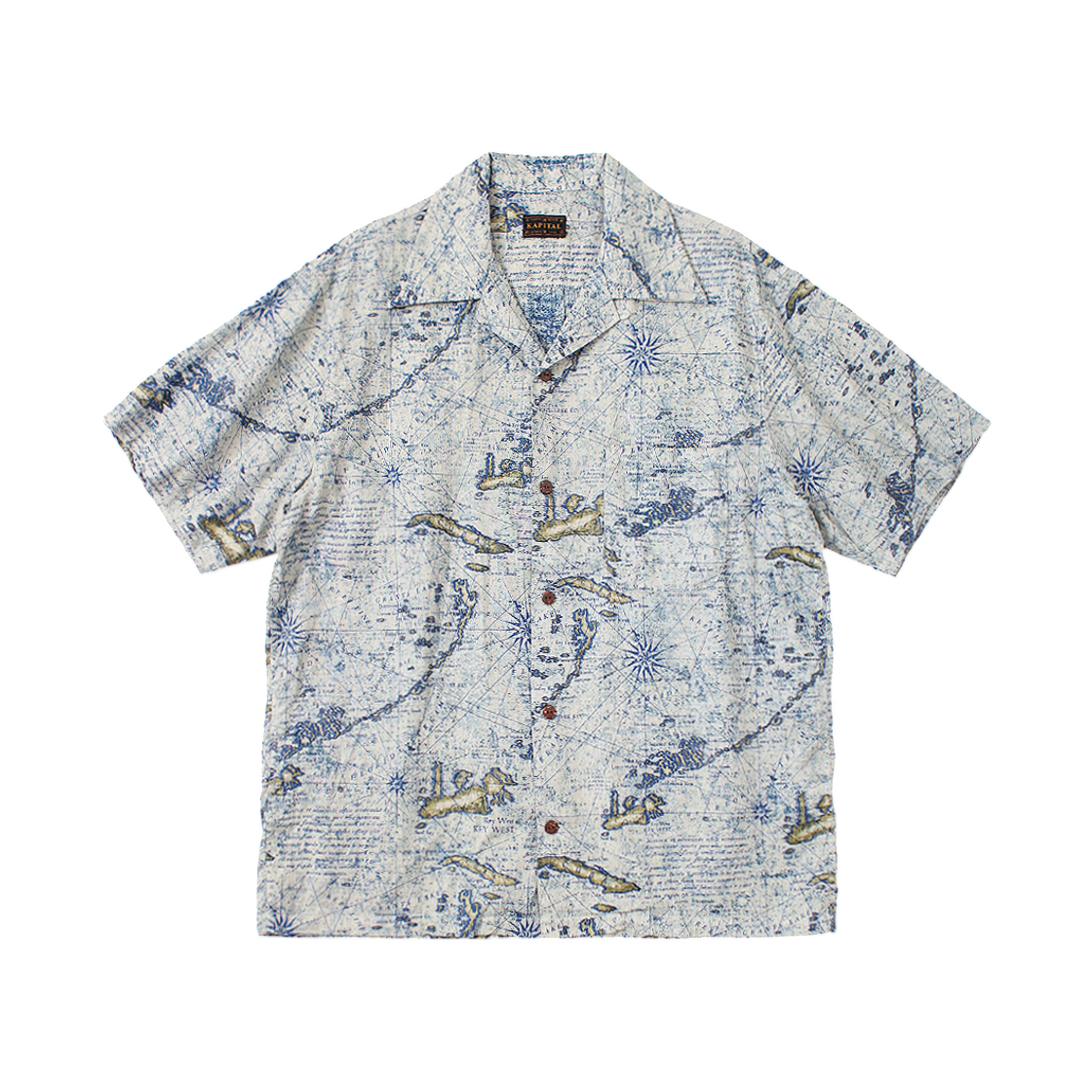 K2603SS039 Kapital French Cross Linen Discharge Print Key West Pattern Short Sleeve Open Collar Shirt Indigo