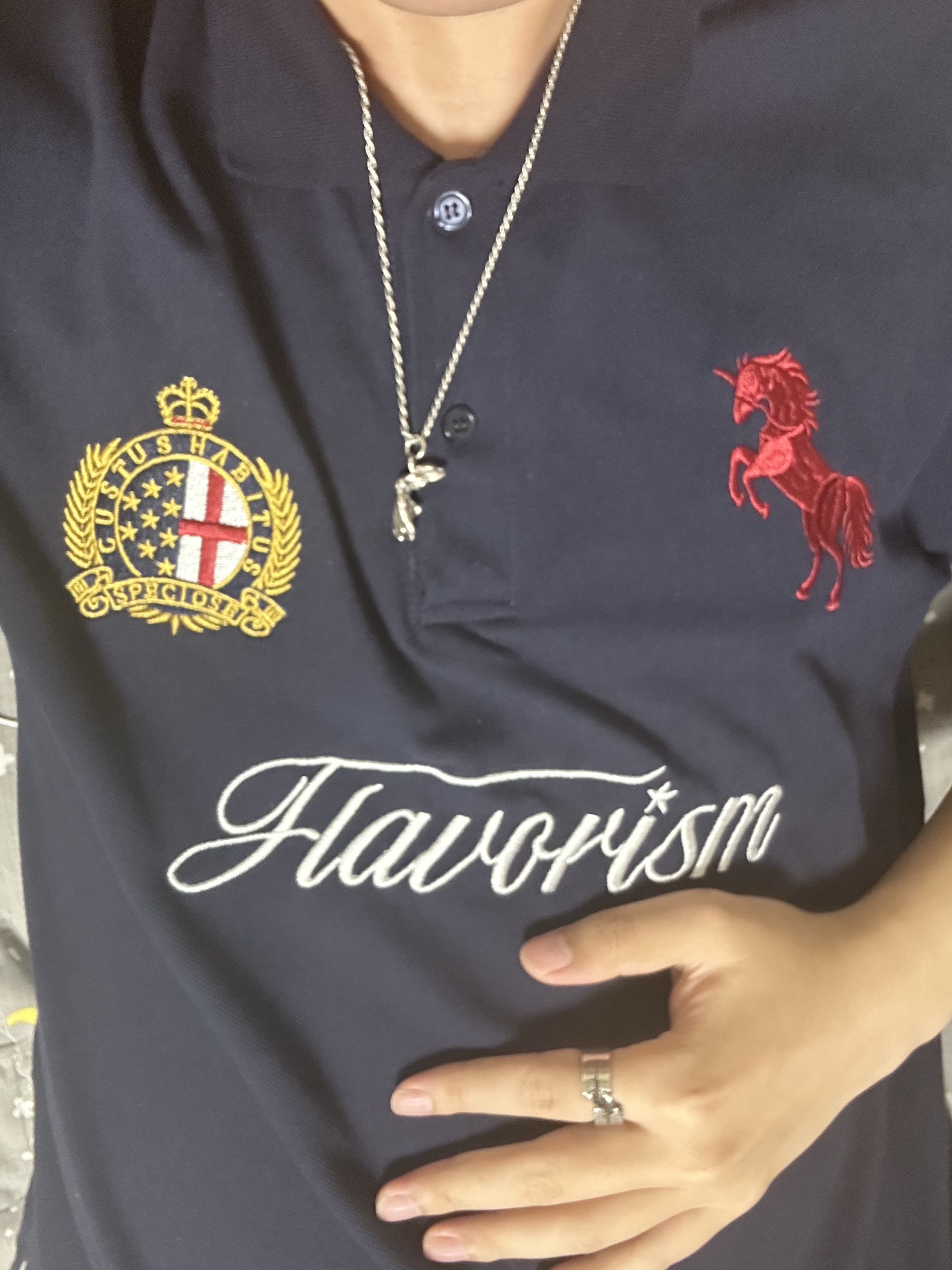 Flavorism Red Horse Pique Shirt Navy 착용 스타일 - 2