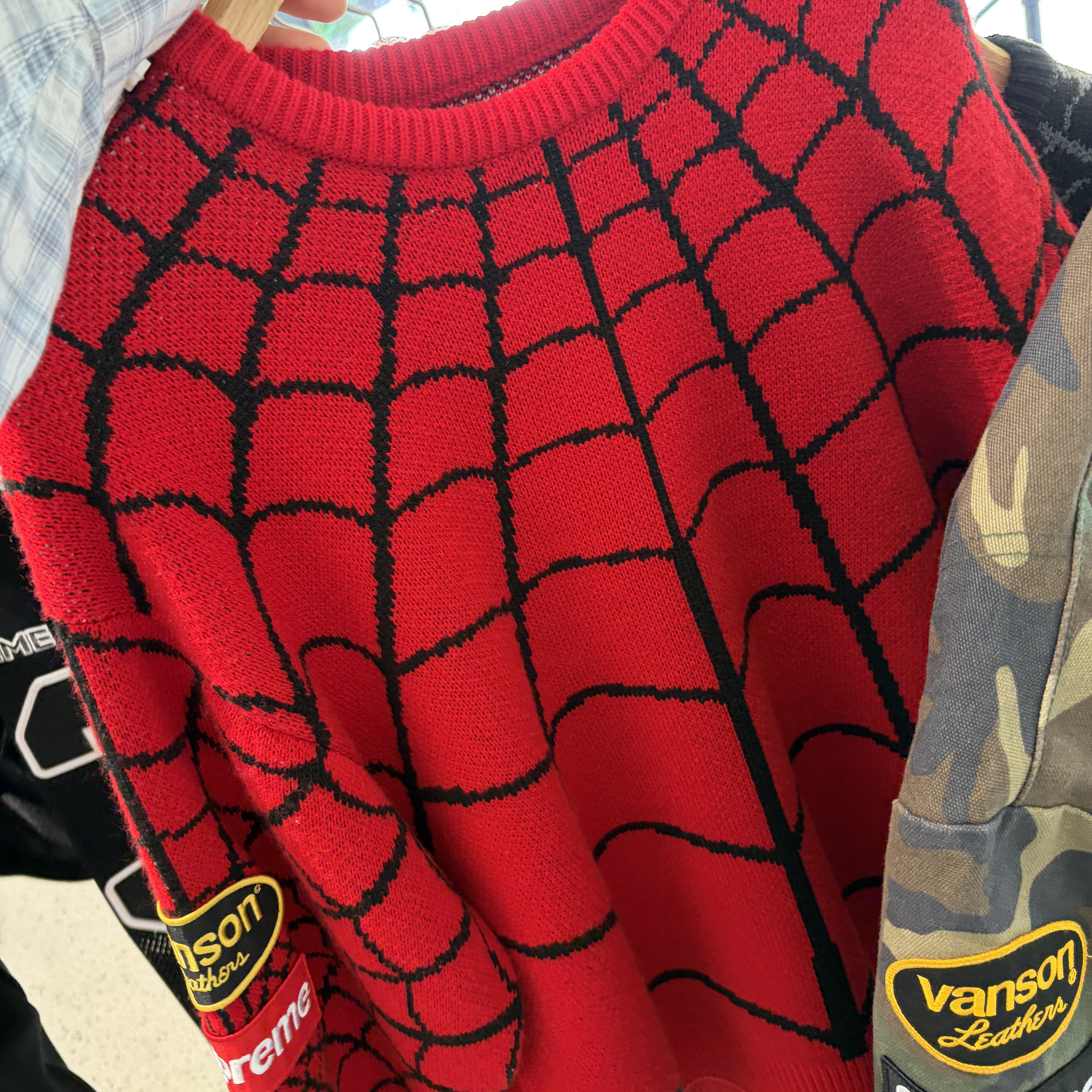 Supreme x Vanson Leathers Spider-Man Sweater Red - 26SS 착용 스타일