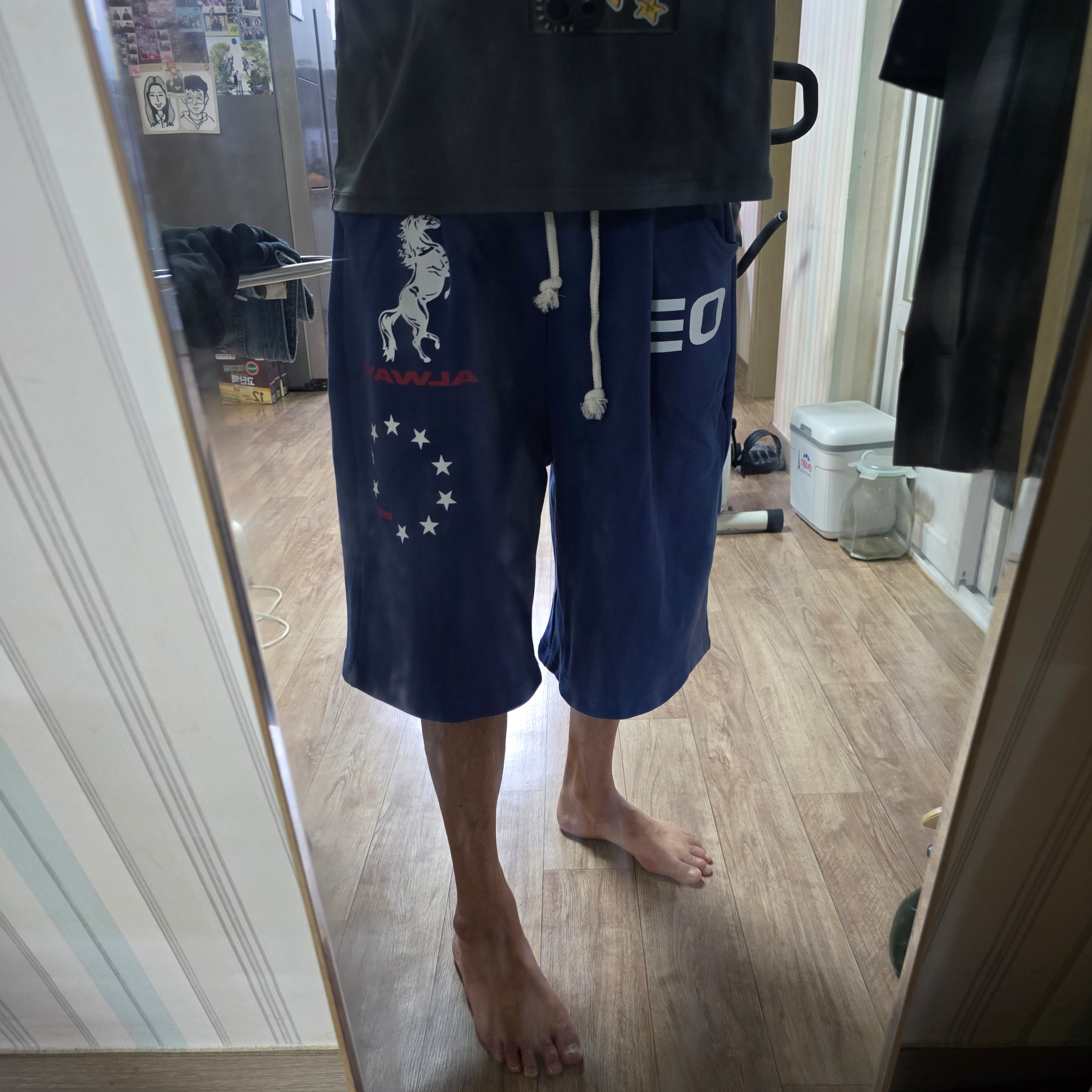 AMOU Horse One Tuck Bermuda Pants Blue 착용 스타일