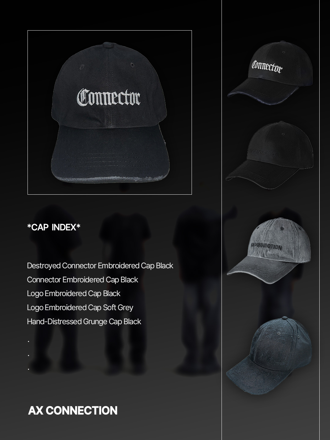 AX CONNECTION Destroyed Connector Embroidered Cap Black, AX CONNECTION Connector Embroidered Cap Black 착용 스타일