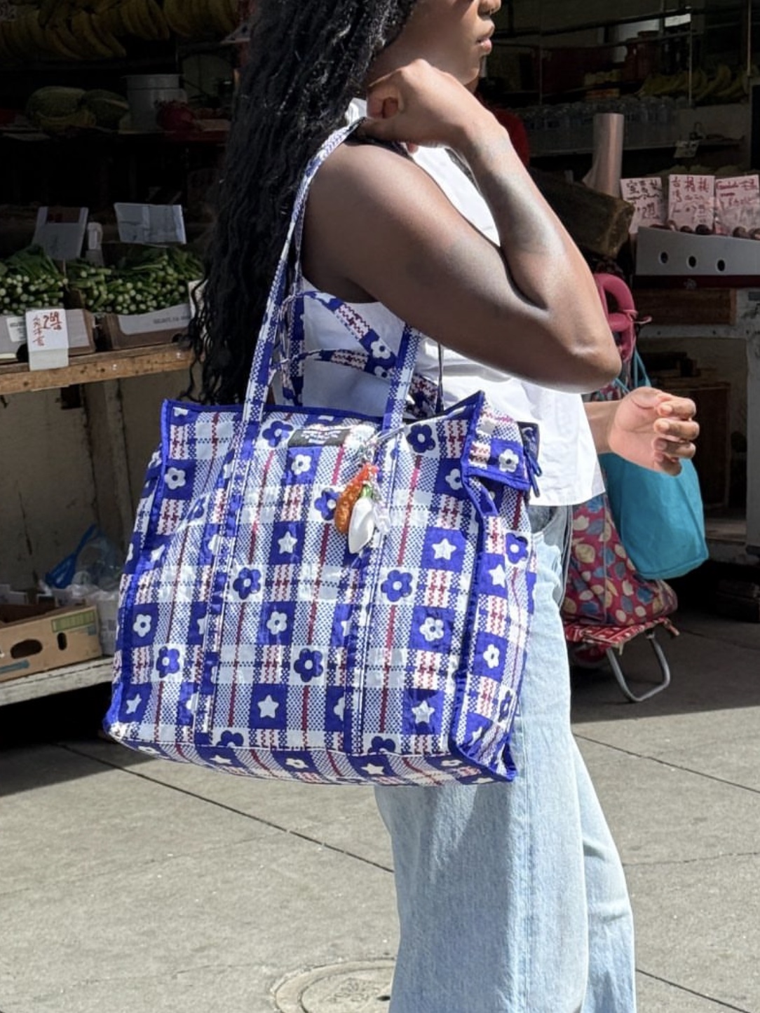 Sandy Liang x Baggu Large Nylon Market Bag Market Plaid Blue 착용 스타일