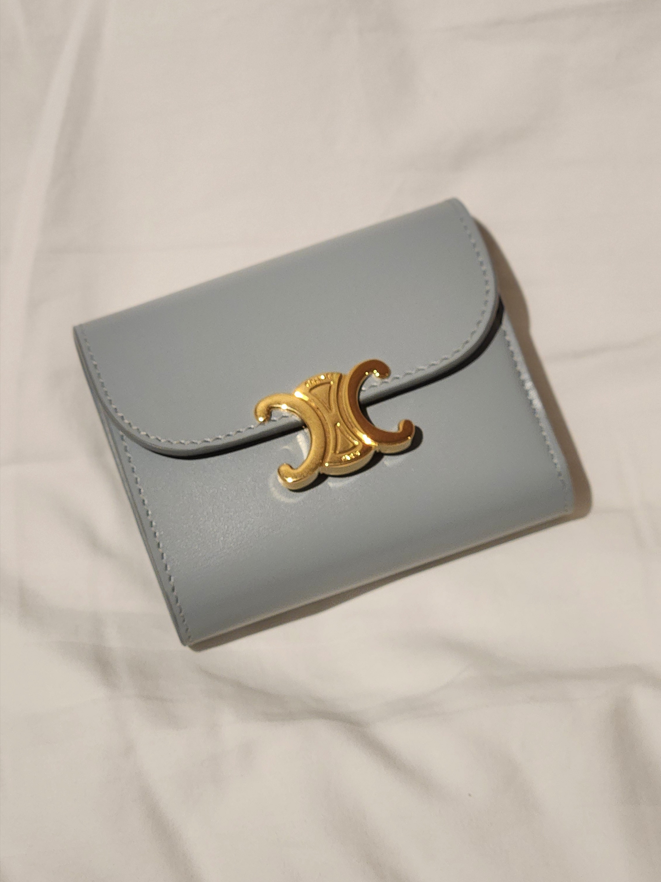 Celine Small Flap Wallet Triomphe in Shiny Calfskin Ice Blue 착용 스타일