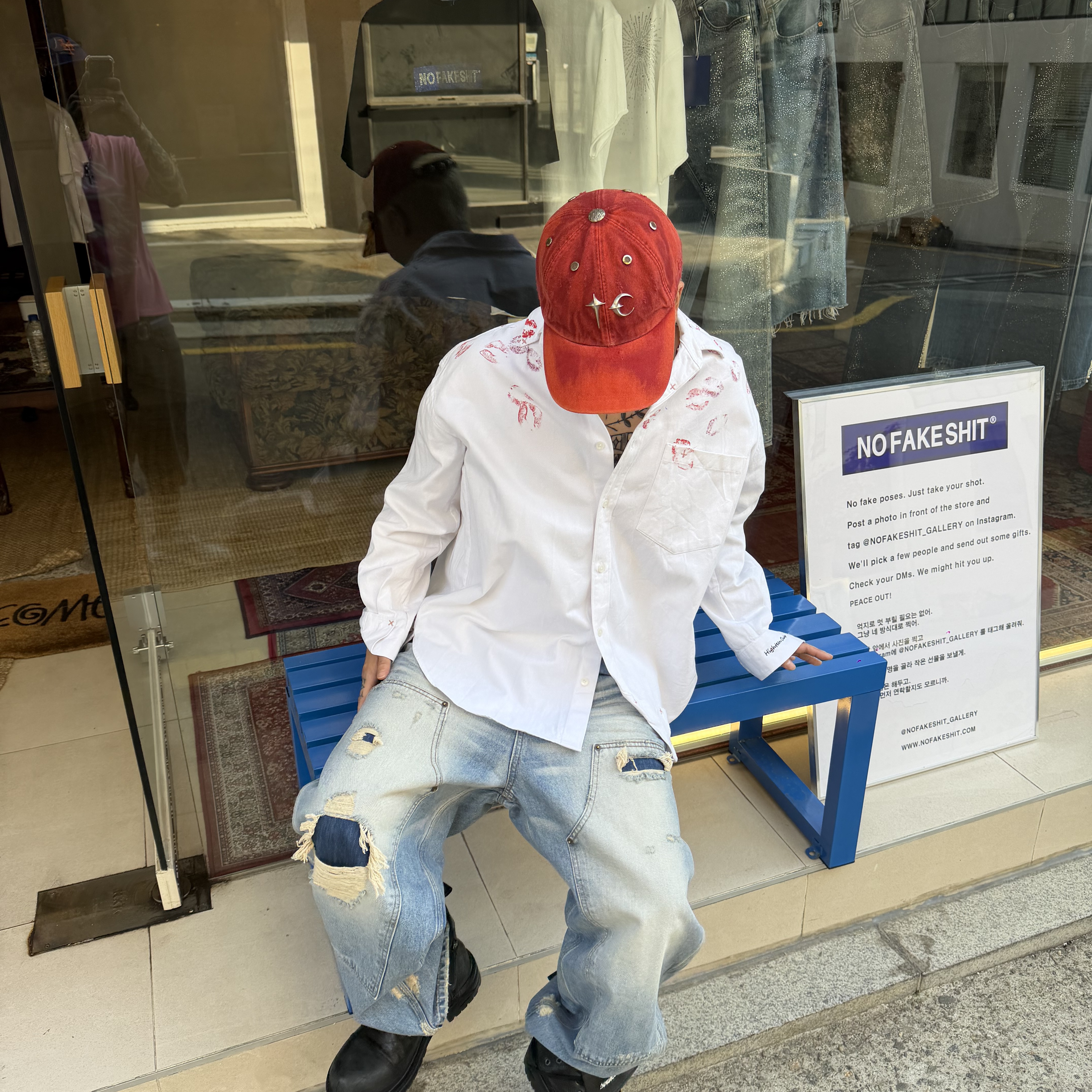 NOFAKESHIT Kiss.Ex, Undermycar Vintage Distressed Denim Carpenter Blue Denim 착용 스타일 - 3
