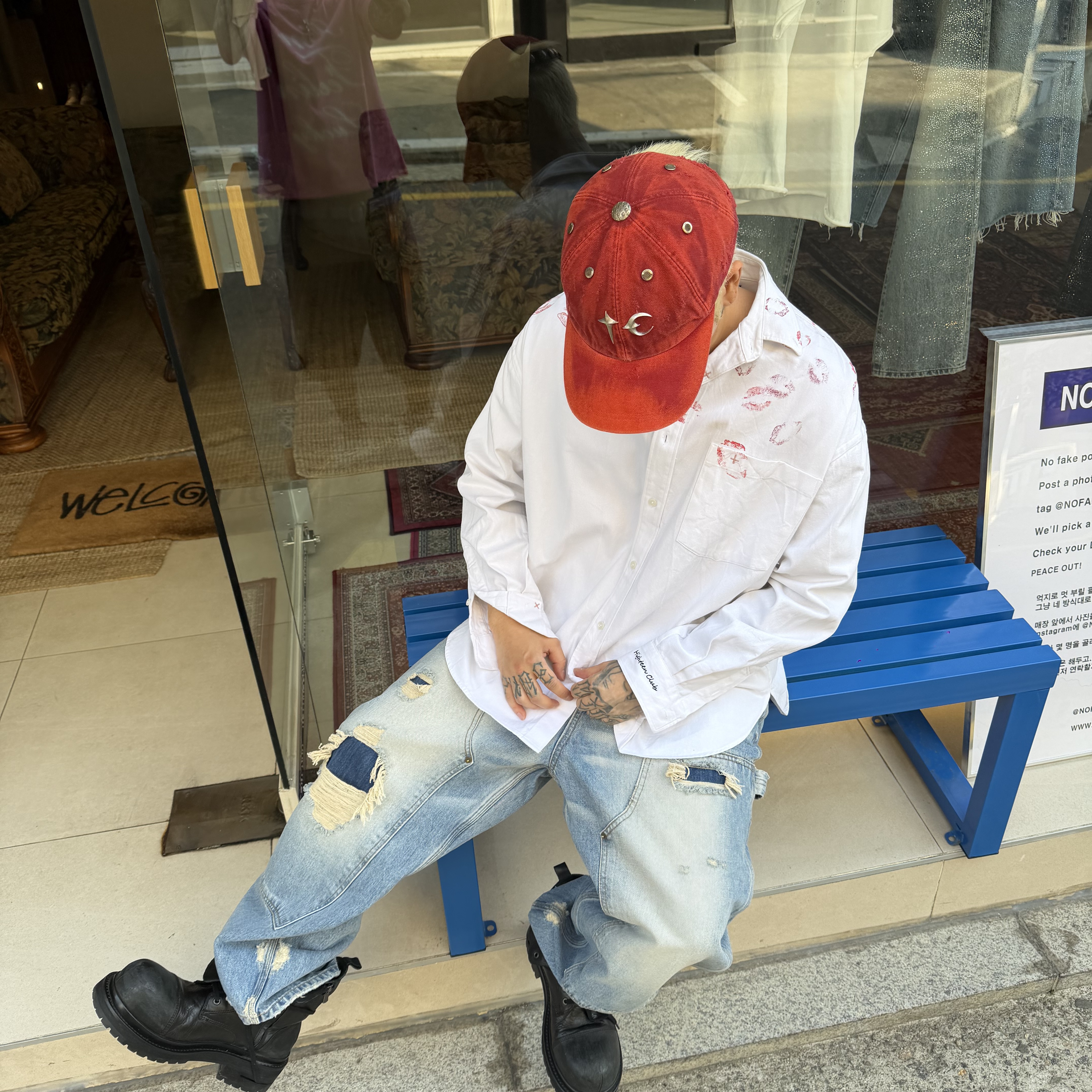 NOFAKESHIT Kiss.Ex, Undermycar Vintage Distressed Denim Carpenter Blue Denim 착용 스타일 - 2