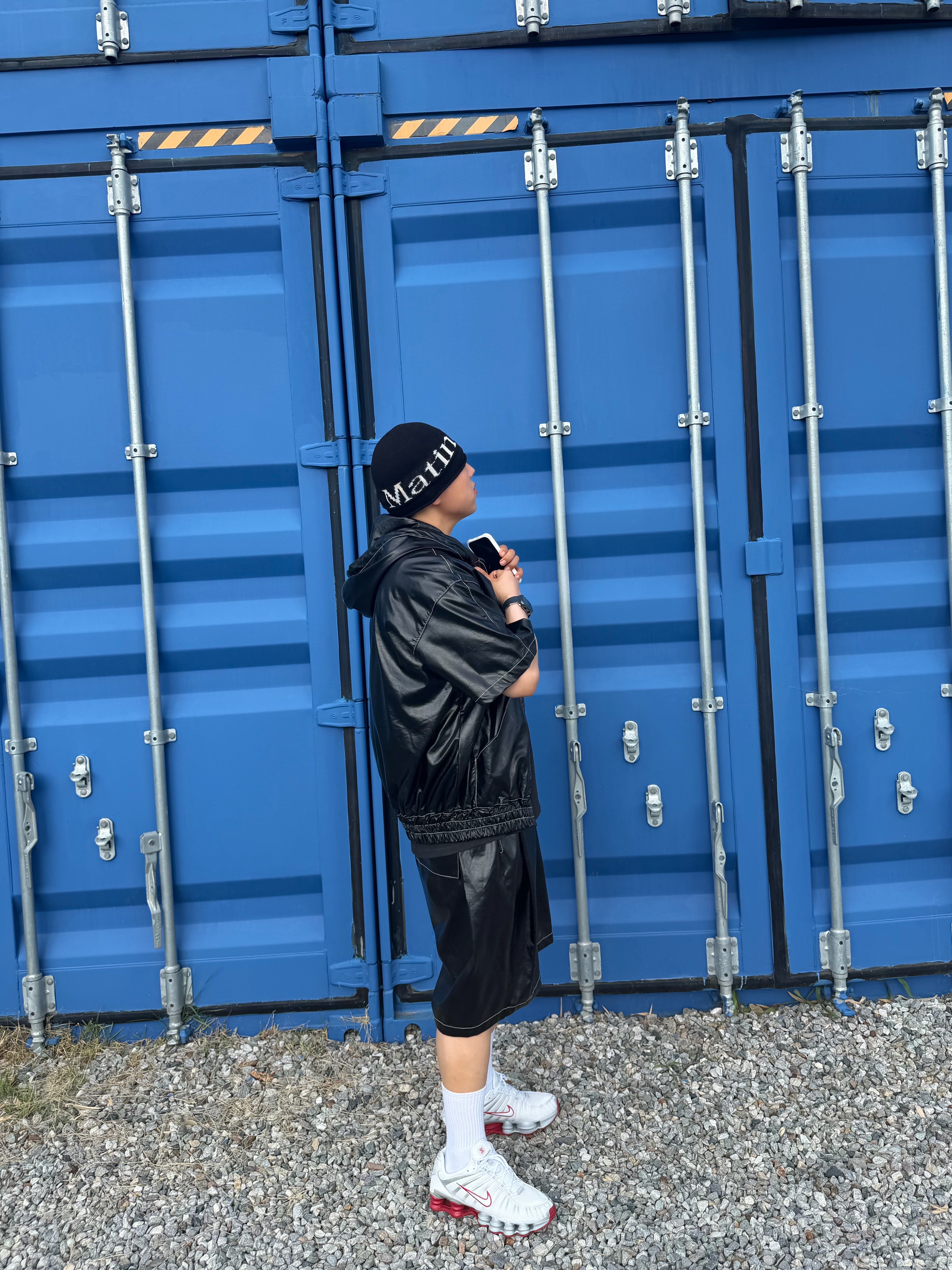 Matin Kim Logo Linen Short Beanie Black, (W) Nike Shox TL Platinum Tint 착용 스타일 - 4