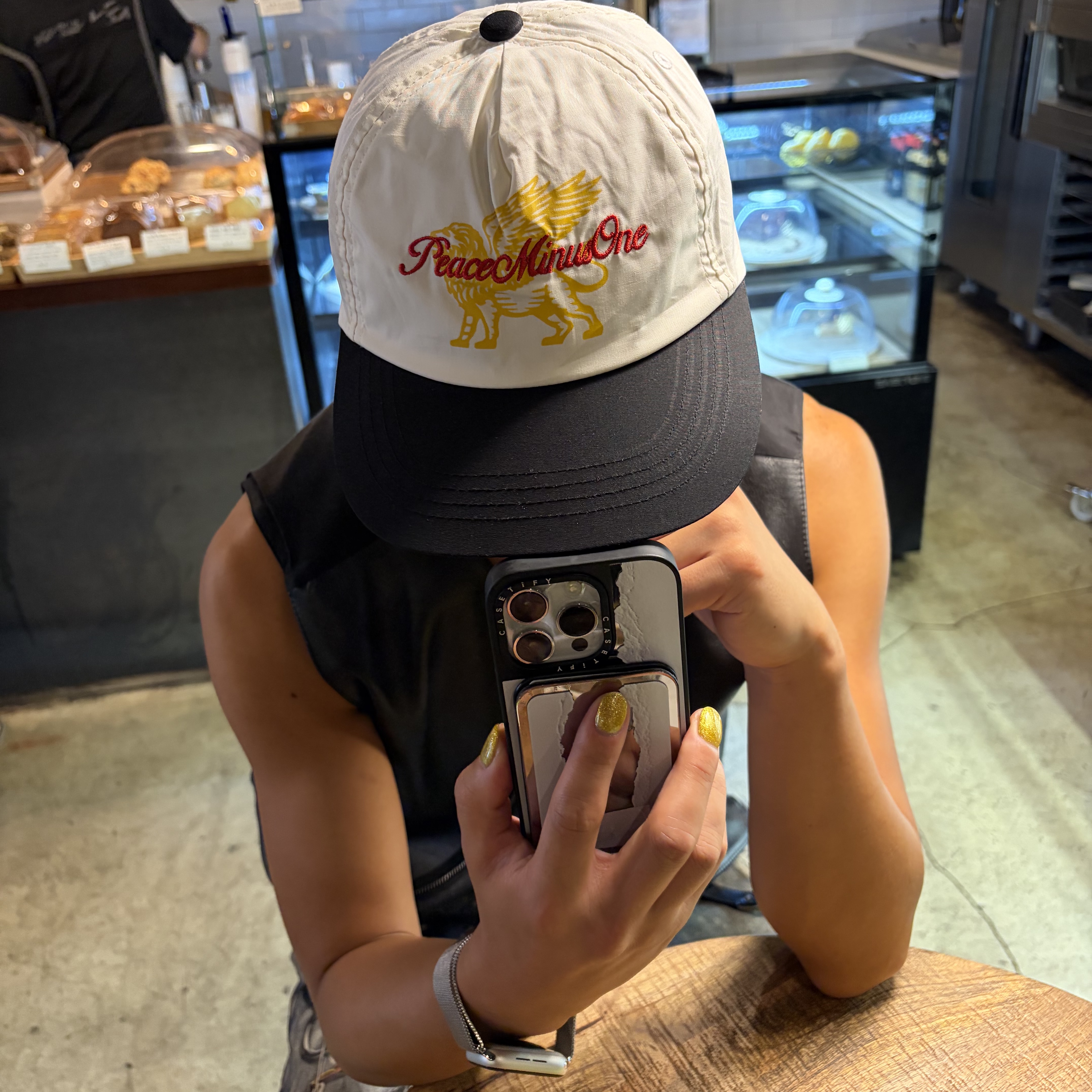 Peaceminusone x Joopiter Five-Panel Baseball Cap White, Gentle Monster Origami 02 Silver Clear 착용 스타일 - 4
