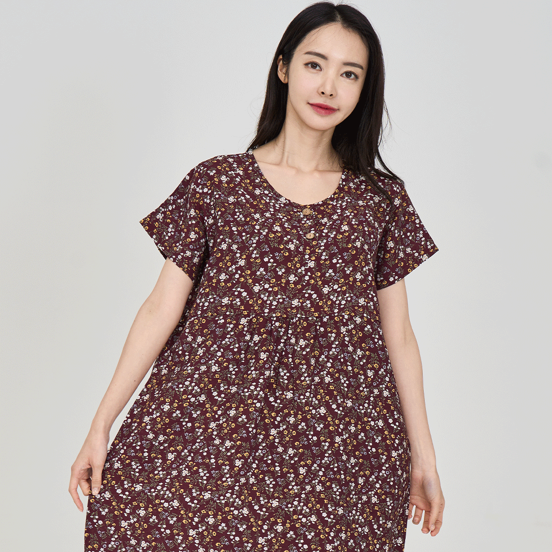 [3% 적립] 에이원 자연인견 플라워 반팔 잠옷 원피스 브라운([3% 적립] Aone Rayon Floral Short Sleeved Dress Brown) - 2