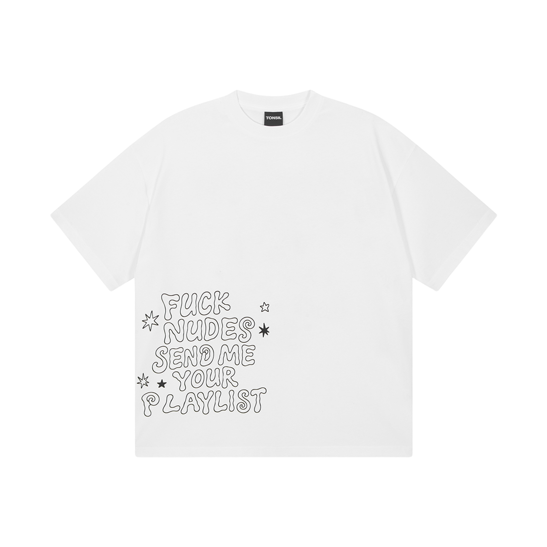 톤슬 퍽 누즈 센드 미 유어 플레이리스트 그래픽 반팔 티셔츠(TONSIL Fuck Nudes Send Me Your Play List Graphic Half-Sleeve T-Shirt) - 1