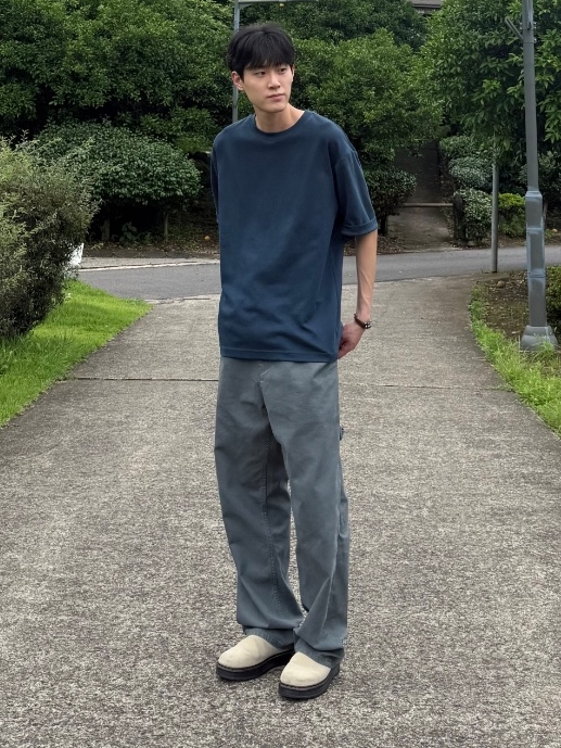 QT8 GARMENTS Washed Oxford Carpenter Pants Grey 착용 스타일 - 1