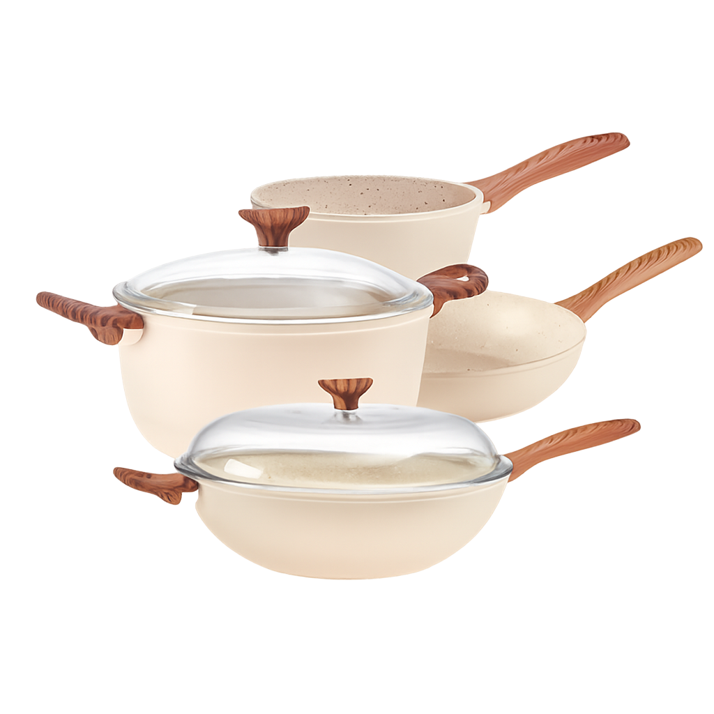 삼보넷 락앤로즈 4종세트(18편수+24양수+F/P28cm+WOK32cm)(소프트 로즈)(Sambonet Rock & Rose 4‑Piece Cookware Set (18cm Saucepan + 24cm Casserole + 28cm Frypan + 32cm Wok) – Soft Rose)