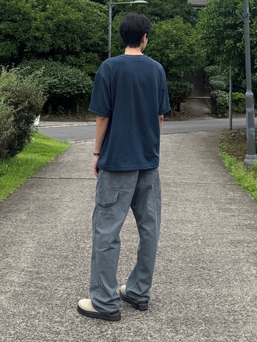 QT8 GARMENTS Washed Oxford Carpenter Pants Grey 착용 스타일 - 2