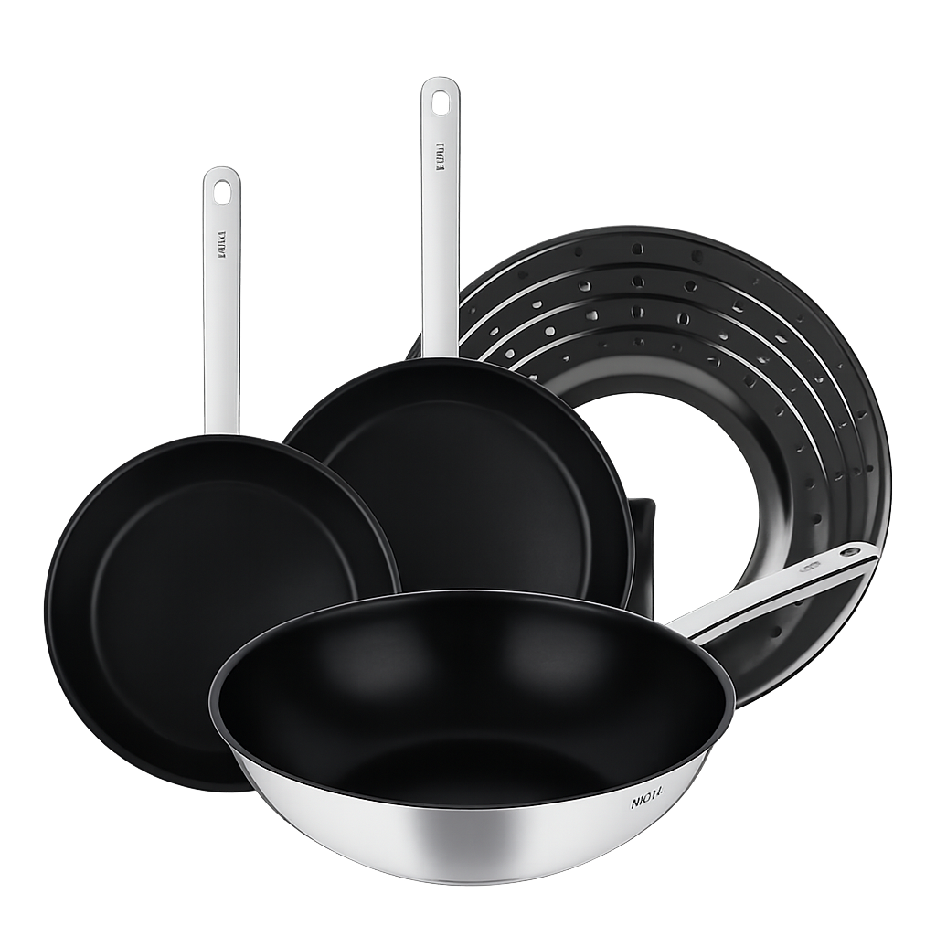 볼 다이아몬드 쿡 스텐 후라이팬 4종 세트(FP20+24+WOK28+튐방지뚜껑)(WOLL Diamond Cook Stainless Steel Frypan 4‑Piece Set (20cm Frypan + 24cm Frypan + 28cm Wok + Splatter Guard Lid))