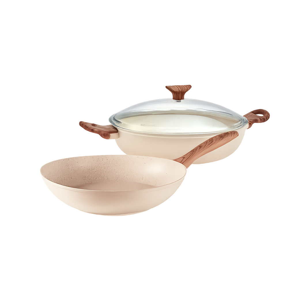 삼보넷 락앤로즈 전골 웍 후라이팬 2종세트(28+28cm) (소프트 로즈)(Sambonet Rock & Rose Shallow Wok Frypan 2‑Piece Set (28cm + 28cm) – Soft Rose)