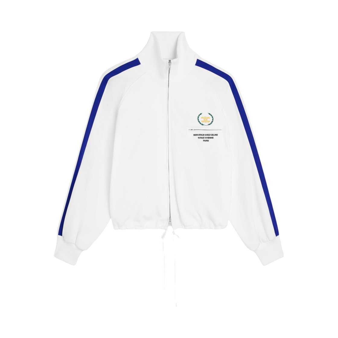 (W) 셀린느 트랙수트 자켓 더블 페이스 저지 오프 화이트 일렉트릭 블루((W) Celine Tracksuit Jacket in Double Face Jersey Off White Electric Blue)