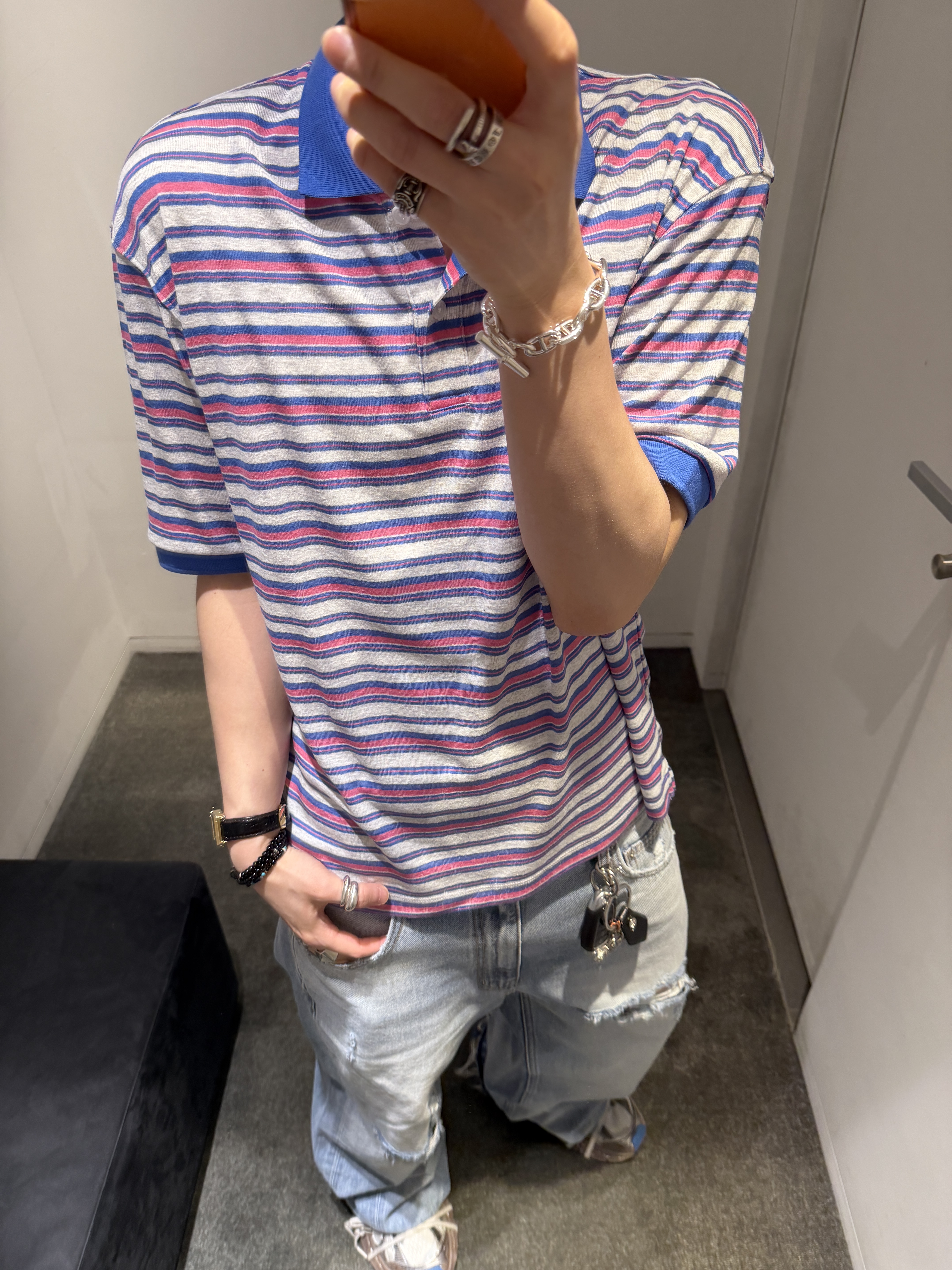 Nonnod Summer Polo Shirt Multi Stripe, Nonnod Bleached Denim Light Blue 착용 스타일 - 1