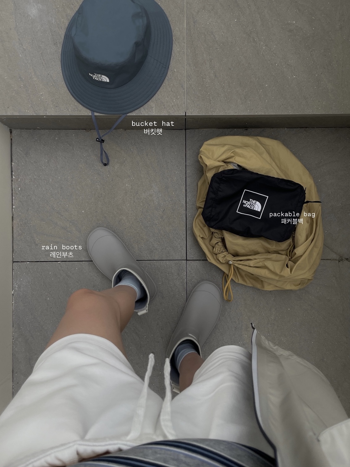 The North Face GTX Light Bucket Hat Smoke Blue- 26SS, (W) The North Face Semi Rainboots Gray 착용 스타일 - 8