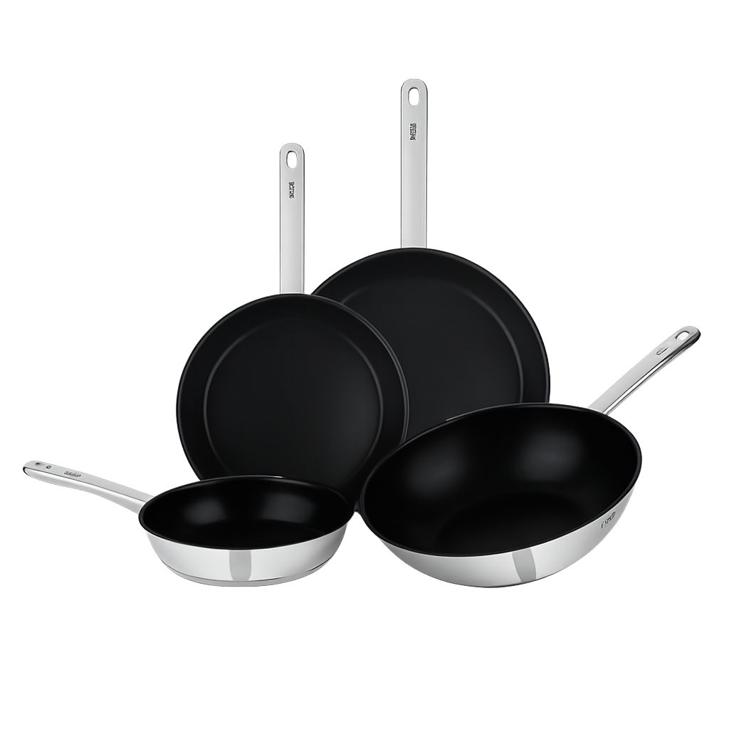 볼 다이아몬드쿡 스텐 후라이팬 4종세트 (20+24+28+28WOK)(WOLL Diamond Cook Stainless Steel Frypan 4‑Piece Set (20cm + 24cm + 28cm Frypans + 28cm Wok))