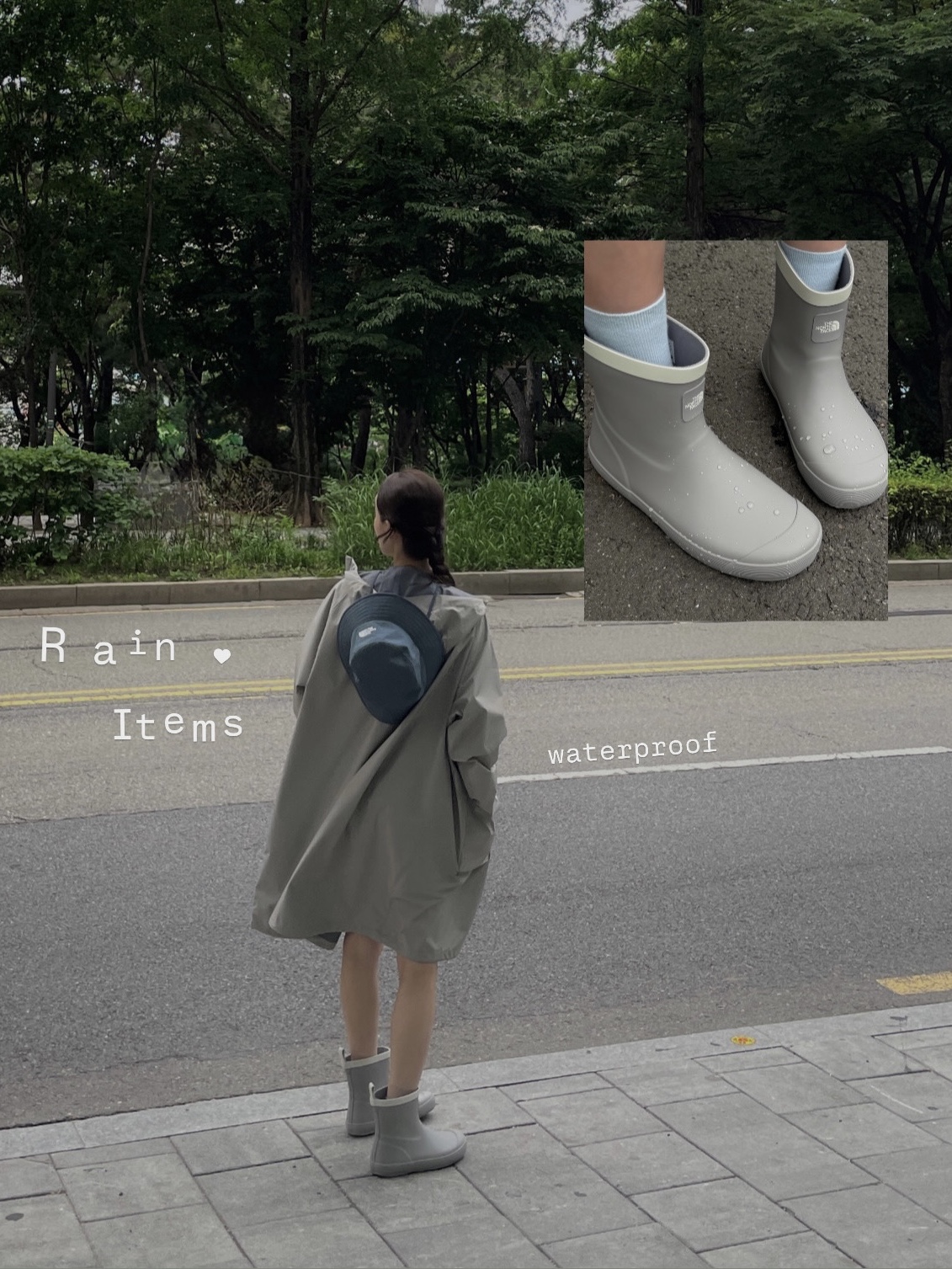 The North Face GTX Light Bucket Hat Smoke Blue- 26SS, (W) The North Face Semi Rainboots Gray 착용 스타일 - 7