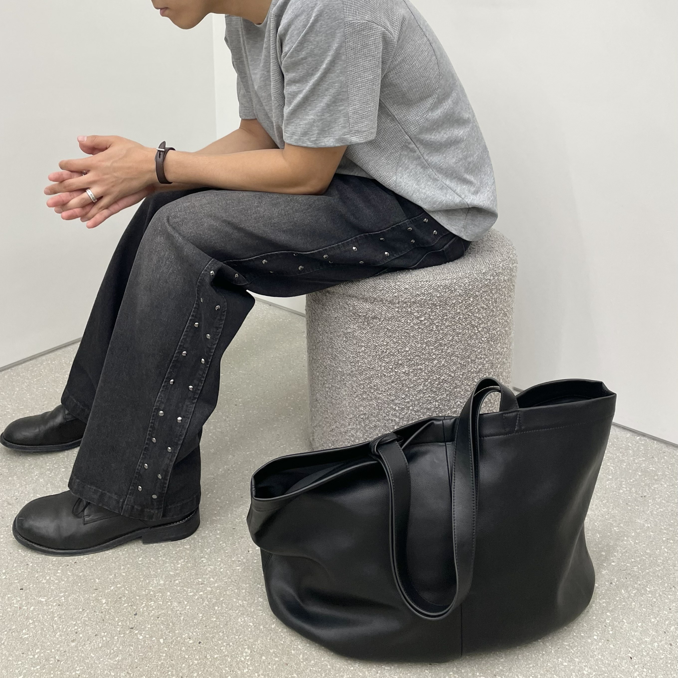 Millo Archive Segment T-Shirt Melange Gray, Millo Archive Ser Denim Pants Denim Black 착용 스타일 - 1