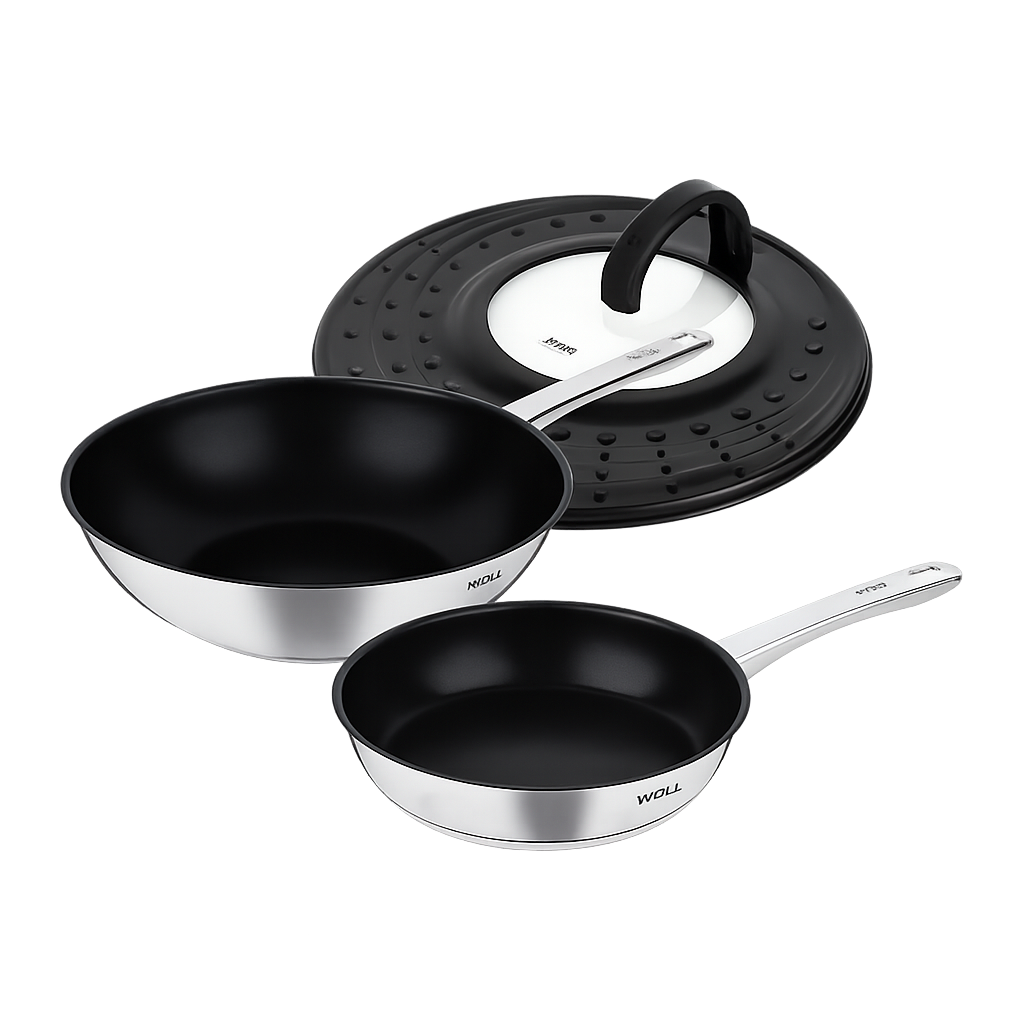 볼 다이아몬드쿡 스텐 후라이팬 3종세트 (20FP+28WOK+튐방지뚜껑)(WOLL Diamond Cook Stainless Steel Frypan 3‑Piece Set (20cm Frypan + 28cm Wok + Splatter Guard Lid)) - 1
