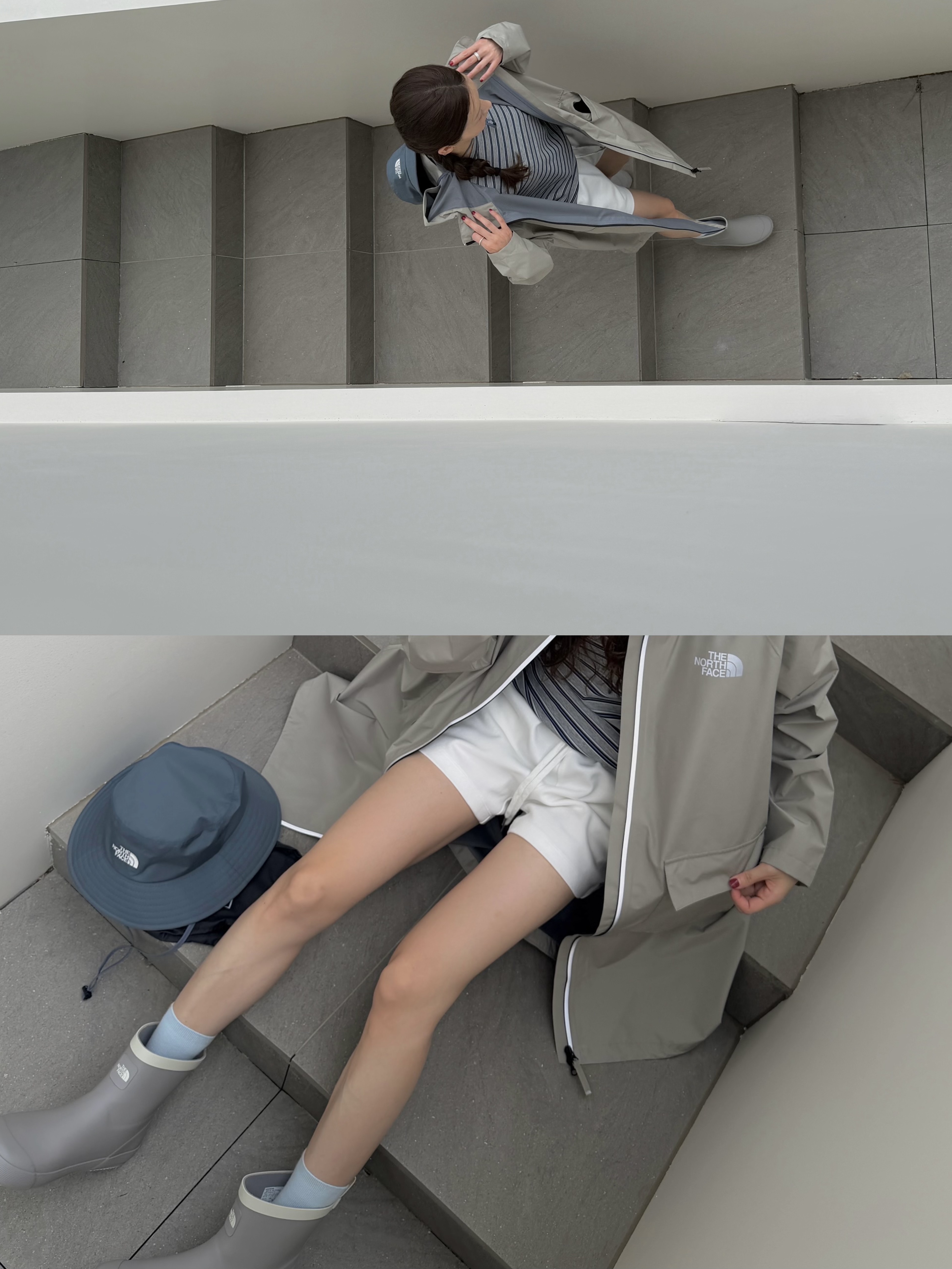 The North Face GTX Light Bucket Hat Smoke Blue- 26SS, (W) The North Face Semi Rainboots Gray 착용 스타일 - 3