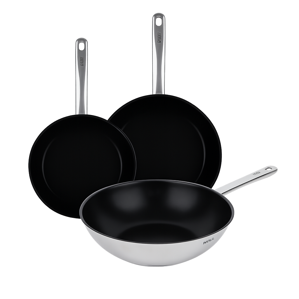 볼 다이아몬드쿡 스텐 후라이팬 3종세트 (20+24+28WOK)(WOLL Diamond Cook Stainless Steel Frypan 3‑Piece Set (20cm + 24cm + 28cm Wok)) - 1