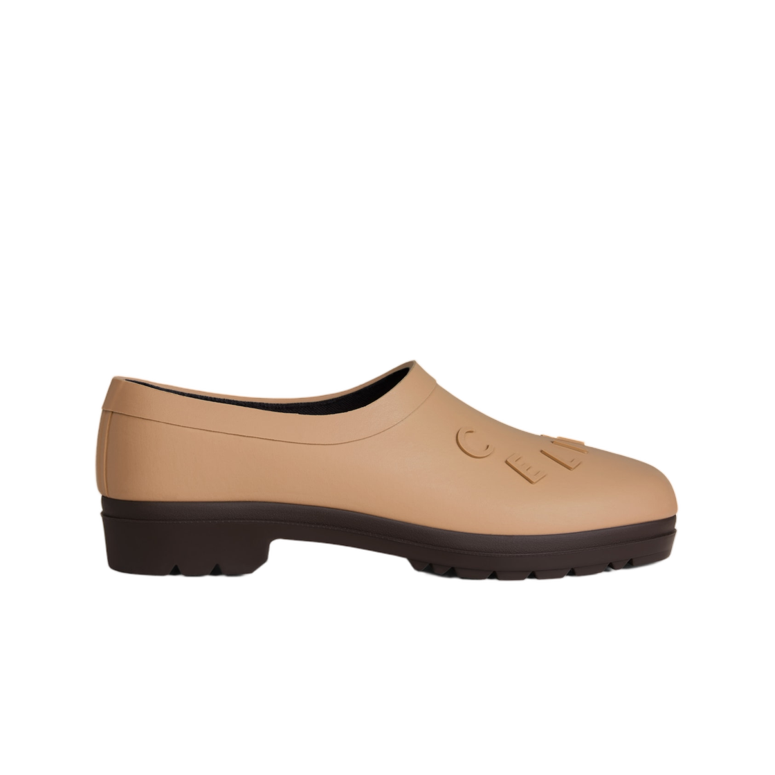 (W) 셀린느 가든 클로그 내츄럴 러버 베이지 다크 브라운((W) Celine Garden Clog in Natural Rubber Beige Dark Brown)