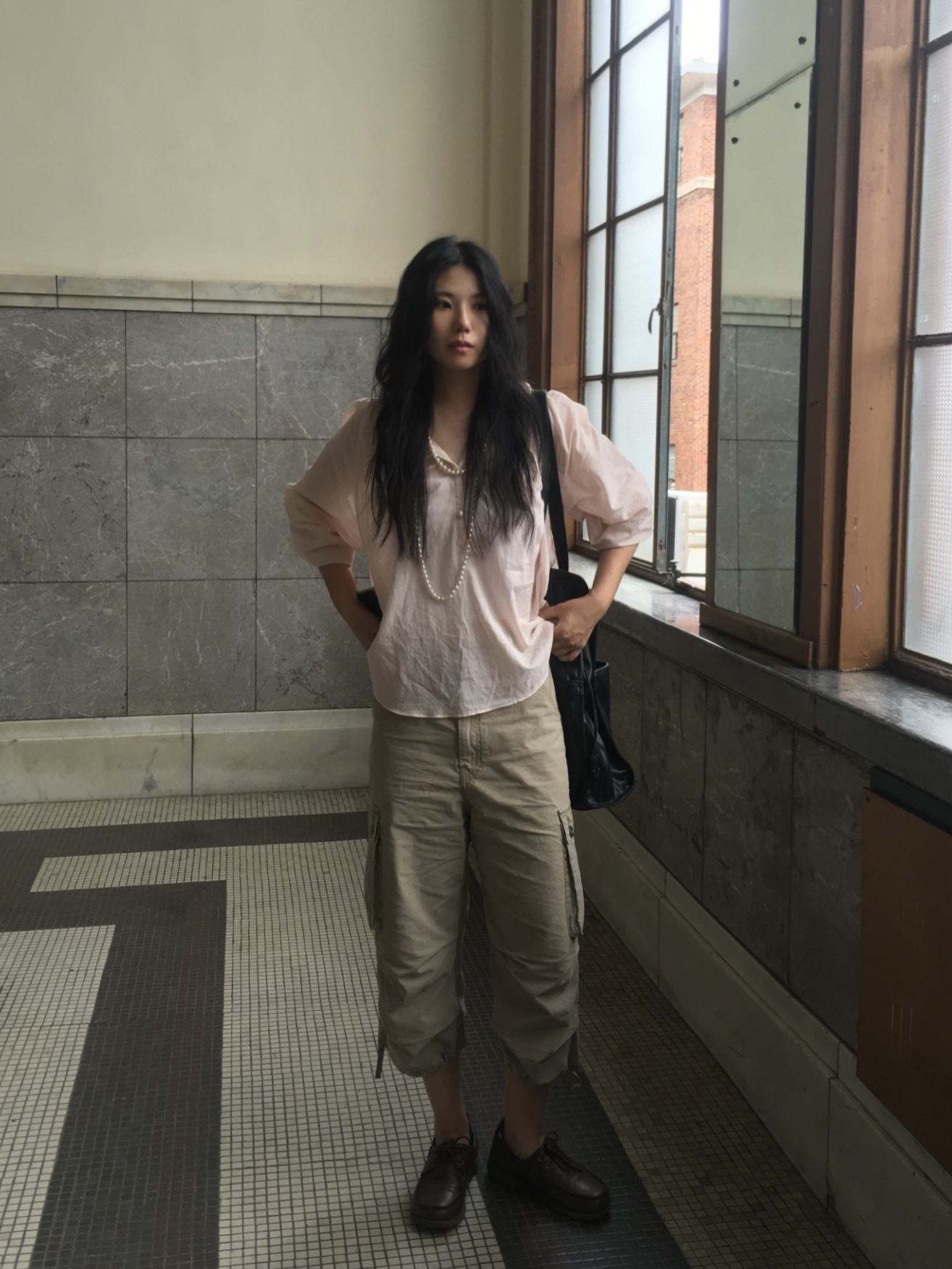 CHOWOO Vintage Military Capri Cargo Pants Washed Beige 착용 스타일 - 5