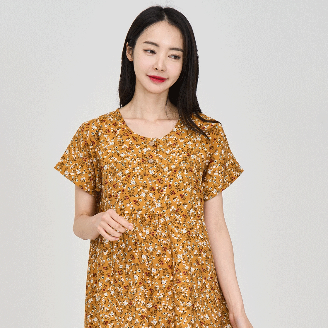[3% 적립] 에이원 자연인견 플라워 반팔 잠옷 원피스 카라멜([3% 적립] Aone Rayon Floral Short Sleeved Dress Caramel) - 2