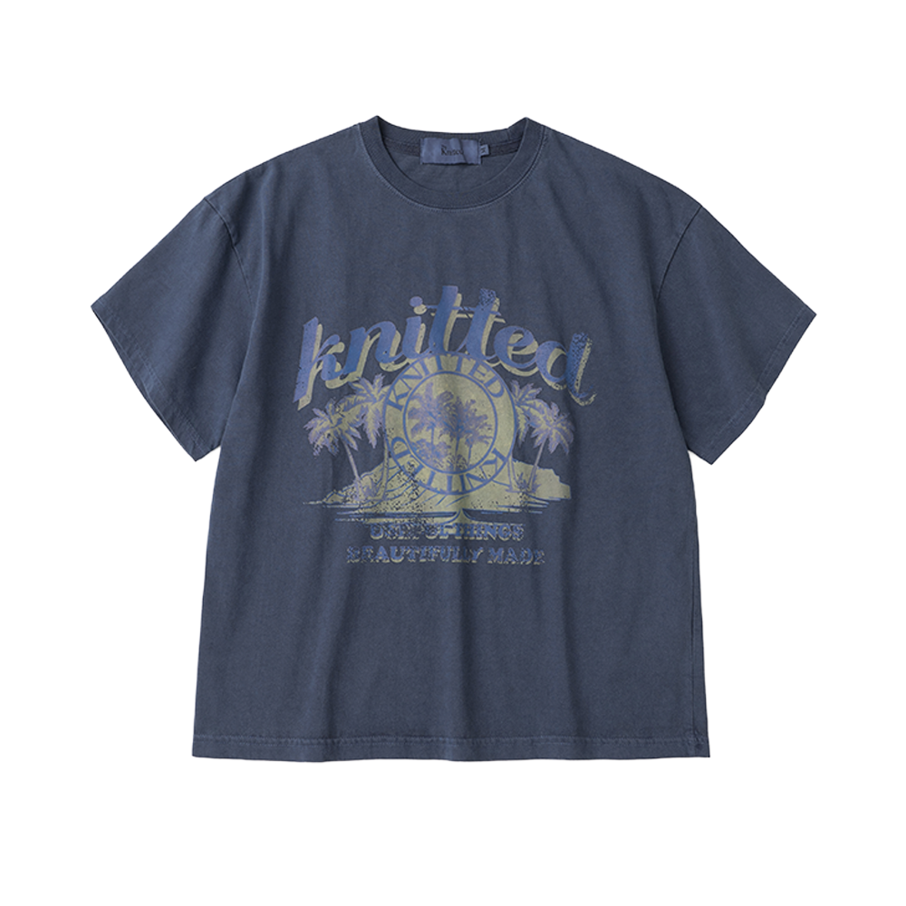 니티드 피그먼트 팜트리 그래픽 티셔츠 크롭 블루(Knitted Pigment Palm Tree Graphic T-Shirt Crop Blue)