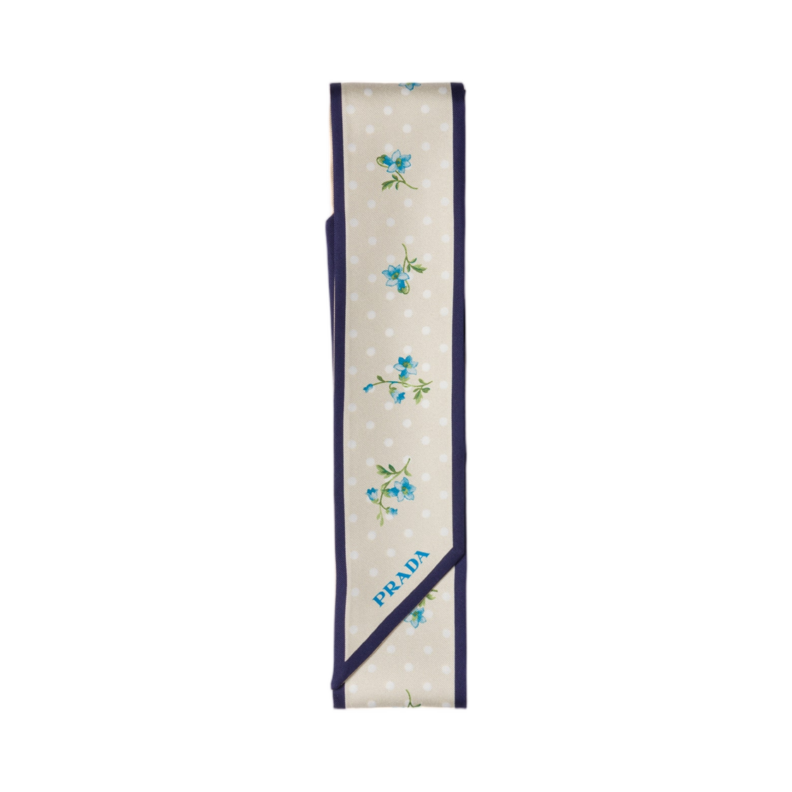 1FF008-2ZOV-F075R Prada Printed Silk Twill Skinny Scarf Natural Blue
