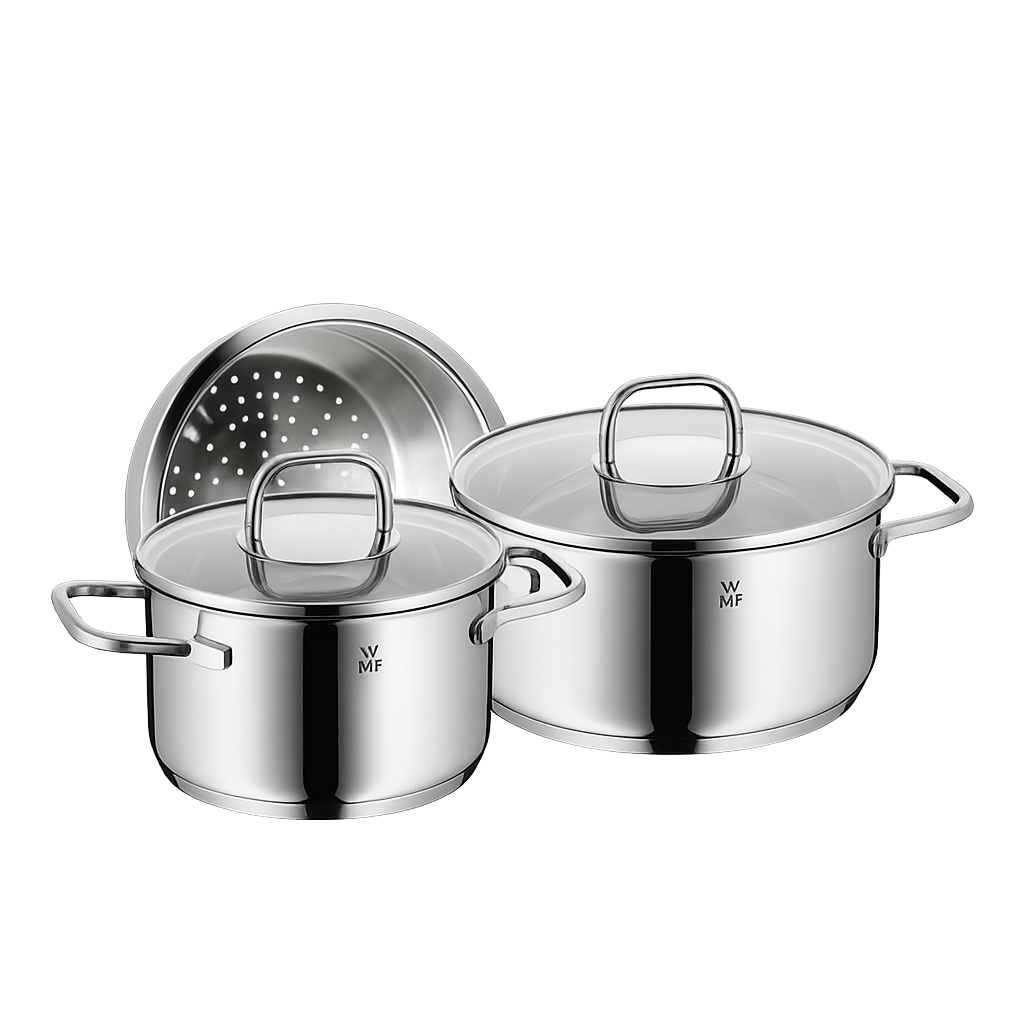 WMF NEW사피르 냄비 2종(16L+20L)+찜기(WMF New Saphir 2‑Piece Pot Set (16cm Low Pot + 20cm Low Pot) + Steamer)
