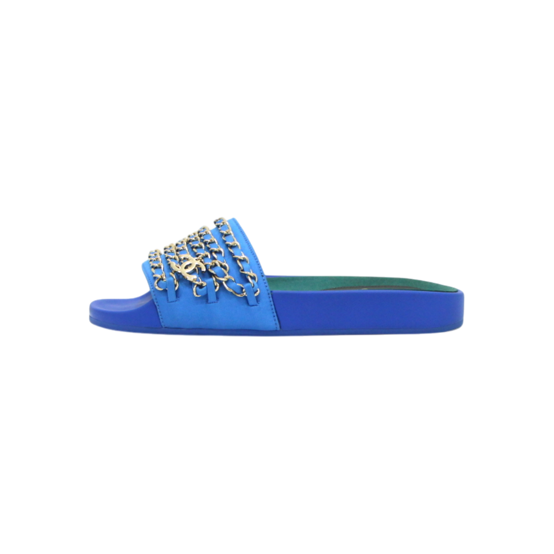 ITGPHJEQEC25 Chanel Blue Tropiconique Gold Chain Sandals Slippers