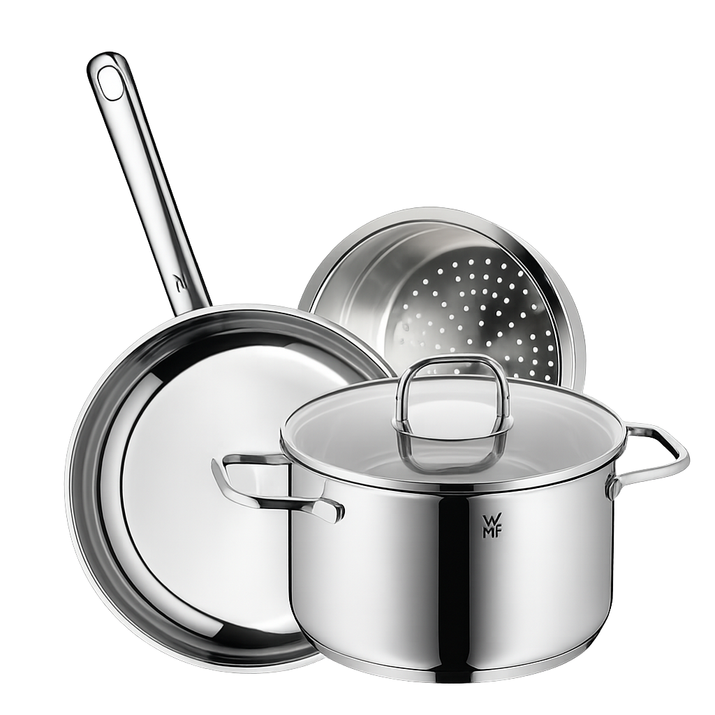 WMF NEW사피르 냄비,후라이팬 2종+찜기세트 (20H+FP24+20찜기)(WMF New Saphir Cookware & Frypan 2‑Piece Set + Steamer (20cm High Pot + 24cm Frypan + 20cm Steamer))