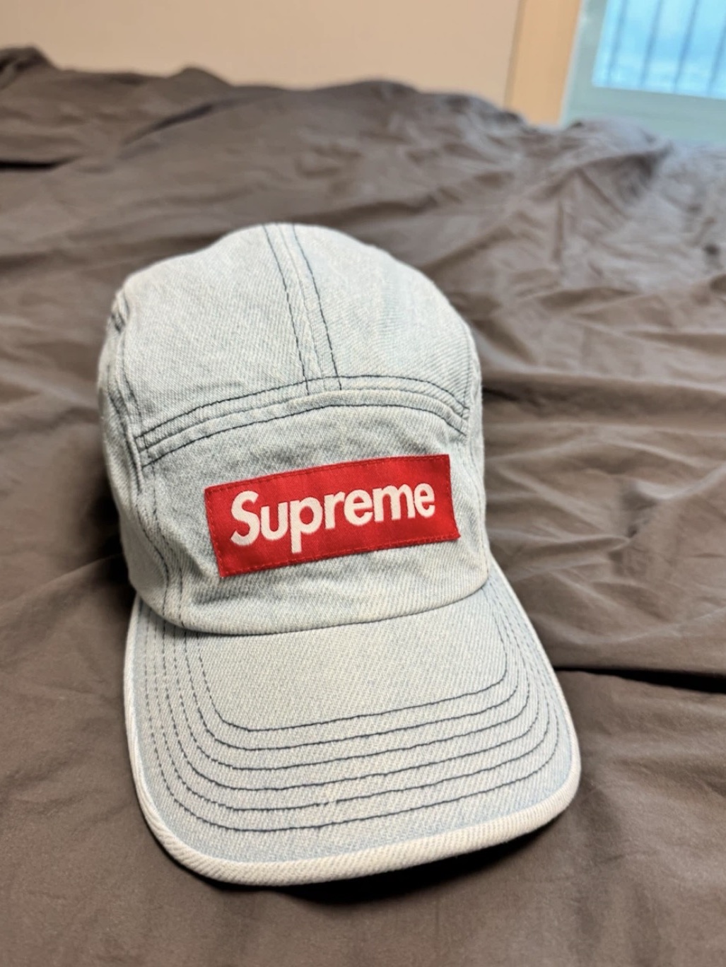 Supreme Denim Camp Cap Washed Blue - 22FW 착용 스타일